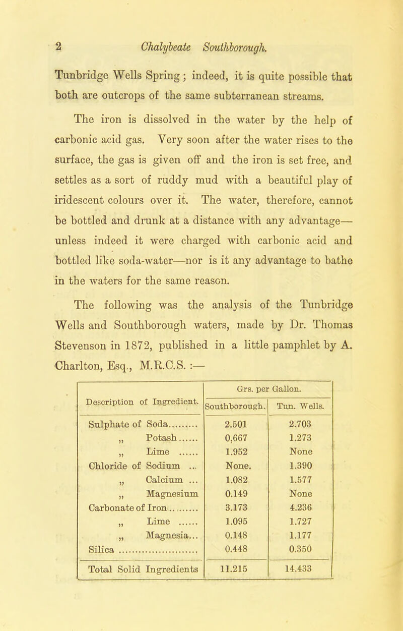 Tunbridge Wells Spring; indeed, it is quite possible that both are outcrops of the same subterranean streams. The iron is dissolved in the water by the help of carbonic acid gas. Very soon after the water rises to the surface, the gas is given off and the iron is set free, and settles as a sort of ruddy mud with a beautiful play of iridescent colours over it. The water, therefore, cannot be bottled and drunk at a distance with any advantage— unless indeed it were charged with carbonic acid and bottled like soda-water—nor is it any advantage to bathe in the waters for the same reason. The following was the analysis of the Tunbridge Wells and Southborough waters, made by Dr. Thomas Stevenson in 1872, published in a little pamphlet by A. Charlton, Esq., M.R.C.S. Grs. per Gallon. Description of Ingredient. Southborough. Tun. Wells. Sulphate of Soda 2.501 2.703 „ Potash 0,667 1.273 „ Lime 1.952 None Chloride of Sodium ... None. 1.390 „ Calcium ... 1.082 1.577 „ Magnesium 0.149 None Carbonate of Iron 3.173 4.236 „ Lime 1.095 1.727 „ Magnesia... 0.148 1.177 Silica 0.448 0.350 Total Solid Ingredients 11.215 14.433
