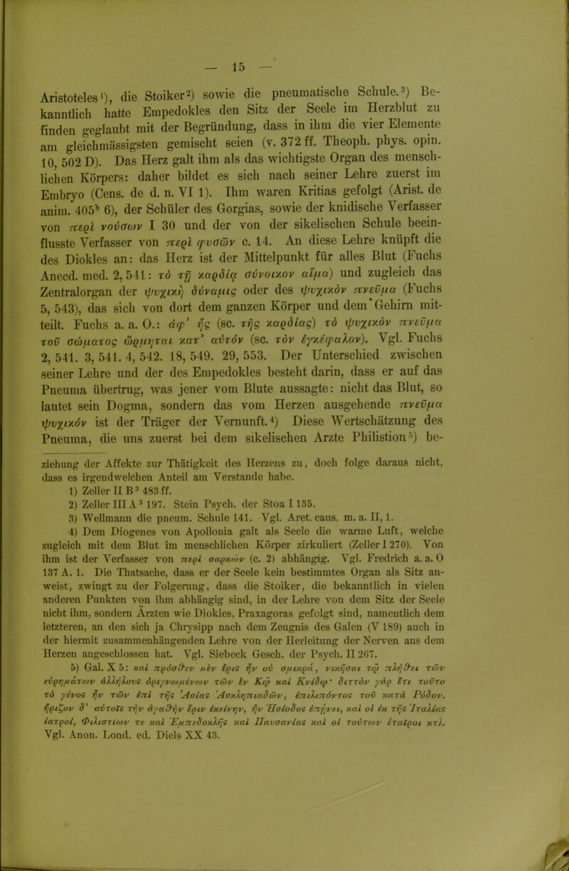 Aristoteles'), die Stoiker2) sowie die pneumatische Schule.3) Be- kanntlich hatte Empedokles den Sitz der Seele im Herzblut zu finden geglaubt mit der Begründung, dass in ihm die vier Elemente am glerchmässigsten gemischt seien (v. 372 ff. Theoph. phys. opin. 10 502 D). Das Herz galt ihm als das wichtigste Organ des mensch- lichen Körpers: daher bildet es sich nach seiner Lehre zuerst im Embryo (Gens, de d. n, VI 1). Ihm waren Kritias gefolgt (Arist. de anim. 405^ 6), der Schüler des Gorgias, sowie der knidische Verfasser von Ttegl vovawv I 30 und der von der sikelischen Schule beein- flusste Verfasser von TteQl cpvoäiv c. 14. An diese Lehre knüpft die des Diokles an: das Herz ist der Mittelpunkt für alles Blut (Fuchs Anecd. med. 2, 541: tö rfj yLagdiif övvolv.ov alf.ia) und zugleich das Zentralorgan der xpvxiy-n övvafug oder des ipvxiy.dv Ttvev^ia (Fuchs 5, 543), das sich von dort dem ganzen Körper und dem'Gehirn mit- teilt. Fuchs a.a.O.: d(p' (sc. r^e y.aQÖLag) tö xpvxiv.öv nvsvfia Tov ocbiiarog wQinjTat, xar* aiuröv (sc. röv iyyJrpaXov). Vgl. Fuchs 2, 541. 3, 541. 4, 542. 18, 549. 29, 553. Der Unterschied zwischen seiner Lehre und der des Empedokles besteht darin, dass er auf das Pneuma übeitrug, was jener vom Blute aussagte: nicht das Blut, so lautet sein Dogma, sondern das vom Herzen ausgehende nveviua xpvxi^öv ist der Träger der Vernunft. *) Diese Wertschätzung des Pneuma, die uns zuerst bei dem sikelischen Arzte Philistion s) be- ziehung der Affekte zur Thätigkeit des Herzens zu, doch folge daraus niclit, dass es irgendwelchen Anteil am Verstände habe. 1) ZellcrllBMSaff. 2) Zeller III A ^ 197. Stein Psych, der Stoa 1135. 3) Wellraann die pneum. Schule 141. Vgl. Aret. caus. m. a. II, 1. 4) Dem Diogenes von Apollonia galt als Seele die warme Luft, welche zugleich mit dem Blut im menschlichen Körper zirkuliert (Zcller 1 270). Von ihm ist der Verfasser von ne^i aa^xröv (c. 2) abhängig. Vgl. Fredrich a. a. 0 137 A. 1. Die Thatsache, dass er der Seele kein bestimmtes Organ als Sitz an- weist, zAvingt zu der Folgerung, dass die Stoiker, die bekanntlich in vielen anderen Punkten von ihm abhängig sind, in der Lehre von dem Sitz der Seele nicht ihm, sondern Ärzten wie Diokles, Praxagoras gefolgt sind, namentlich dem letzteren, an den sich ja Chrj-sipp nach dem Zeugnis des Galen (V 189) auch in der hiermit zusammenhängenden Lehre von der Hcrleitung der Ncr\'en aus dem Herzen angeschlossen hat. Vgl. Siebeck Gesch. der Psych. II 267. 5) Gal. X5: xal n^öa&ev nhv Iqis ijv ov ouixqÜ, vixfjaat rqJ nX^d'ti röiv ev^rjuarojv dl).i]Xove ÖQiyvMuivtov rwv iv Kcö xal Kt'iSip' Sittöv yäQ Irt tovto rd yivoe röiv ini Trjs 'Aaias '^axJ.rjniaStöv, intliTiövros tov xard PöSov. ^Qi^ov S' avTole Tfjv dyadiiv Iqiv äxshtjv, f/v 'H0I080S i7ij]Vfi, xai ol ix riys IraXiaS iaxQot, 0i).iar/o>v re xal EuTitSoxlijs xal Jlavaavlas xal oi tovtcov irat^oi xtL Vgl. Anon. Lond. cd. Dicls XX 43.