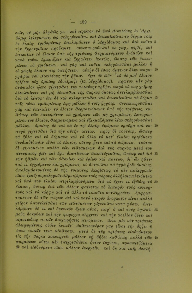 y.elv, o-d (drjv dXrj^ßg ye. v.al tcqQtov rö vrtd Jloy.Uovq iv 'Aq^l ddfx(p XeXeyfxdvov, cbg ay.Xr]Qvvea^at v.al irtLv.alead-ai x6 diQ(.ia rotg iv iXalq) TQißo^ievoLg vrtelä^ißavsv ö 'Aqyßa^iog v.al ÖLa tovto 5 ^rjQOXQLßiav TtQOvv.Qivs. ovvevMVQOvod-aL tb yäq, cfi]aL, -/mI irtixaleiv tb ilaiov vrtö T^g rqixpeoyg ^£Q(.iaLVÖfZ€VOv evöf.iiLev v.al v.azä tovto i^iy.f.idt€iv y.al ^)]Qaiv€LV t/.avQg, worteg twv öntio- fxevwv tä 'XQLÖneva. xal ydg y.al tavta o/.XriQVveo&aL fxäXXov i] ei xwQig iXalov tig ÖTtti^asisv. avtrjv i'owg dfASivcv ölr]v Ttaga- 10 ygdipaL tov JiOY.liovg tijv ^^aiv. iyu 6h wöe' 'tö ök ftet ilaiov tgißeiv oii öjnoiwg iöo'/.ifza^e (sc. AQyida(.iog). rtqQtov f.ikv ydg dvtbualov qjeto yiyveod^ac tijv toiavtrjv tqlipLv rtaqd td tag xelgag dXLOd^aivELV v.al inrj övvaad^aL tijg aaQv.dg öfÄoitog dvttXaußdvea^^ai öid td Xifcog' ixL 8h v.al axXrjQvvsad-ai vmI inuKaiead-at tö dig/^ia 15 totg o^tü) tQißof.i£voig icfrj /naXXov rj toig ^rjQotg. ovvev.nvqovod-aL ydq v.al krcL'/.aiuv tb iXaiov ^£Q(.iaLv6(.ievov vnb trjg tgiipstug, xa- ^d7C€Q tdv dntio(.iiva)v td XQLÖ(.ieva twv f-iij xquoixivojv, iy.rtvQOv- fiivov tov iXaiov, ^£Qf.iaivöfj.€va y.al i^Lyfj.a^6f.i£va liav oy.XrjQVVEa&ai (.läXXov. öfioiwg dk yal td iv tio iXai(^ £ip6fx£va y.gavQa y.al y.a- 20 TCVQd yiyv£Gd-ai did tijV aiötrjv aitiav. TtQog dh tovtoig, ügtieq td ^{)Xa yal td Ö£Q(.iata y.al td äXXa td fj.£t^ iXaiov tQLß6fX£va ovvÖLadiötoaiv eioio tb iXawv, ovtwg qjeto y.al td adbfxata. tovtov öh yiyvof-iivov rtoXXd tdv ei&ia/^ievwv öid tfjg aaQy.ög (letd tov 7tv£Vf.iatog Q£iv 'Aal i^to öiaTtiTtteiv aTtoateyead-ai, (x>(JTt£Q y.al ötd 25 t(5v T^^f-icHv y.al tßv ö&ovitov y.al iqiwv y.al Ttdvtiov, di' (5v ^d^£t- tai ti iyx£Öfi£vov y.al xQLÖfuvov, ov övvaad-ai td vygd q&iv öfioitog. dTCoXa(.ißavof.i£vr}g ök tfjg toiaiJti]g iy./.Qia£0)g td (xkv 7taXLQQ0£iv ei'ow {y.ai) ovi.irtXr]Qovv d&QOiLÖ/ii£va tovg nÖQOvg dXX'^Xoig7tX£y.öfieva y.al V7tb tov iXaiov 7t£QiXafxßavöf.i£va did tb ix£iv tL i^cödeg tb 30 iXaiov, <j!)07t£Q irrl ttöv äXXwv (paivEtat tb XircaQbv tovg y.ovLOQ- tovg yal td yugcpiq yal td äXXa td toiavta avvO-riQ£V£iv. i(.icpQat- to^£VO)v dh tCöv nÖQCüv d£l yal yatd fxr/.Qbv dvayy.aiov elvat noXXd XSiQOv dTtoteXeZod^ai tcHv £id^LOuiviov yiyvead-ai y.atd (pvaiv. vrte- Xdfxßave öi tt v.al drjy.tiy.bv ix^LV avtö, Ttaq' 8 y.al tovg ö(pd-aX- 35 liovg dayQV£LV y.al tfjv (pdqvyya yiqxvEiv y.al tijV y.oiXiav ^velv y.al alfxatdiÖELg noLEiv öiaxwQrjaELg Ttivöfievov. ävEV fxhv o^v tgiipEiag dX£L(pO(j.£vovg oidhv Xvtielv' dod^EVEOtiqav ydq elvai trjv di]^Lv rj äate TtOLELV ttva acad-rjaiv. /xEtd öh trjg tgiipetog Eiadvö/xevov eig tijv Gdgyca y.ayovQyeiv [xäXXov tfj öifi^et y.a^drtEQ TtoXXd töv 40 (paqixdywv ovto) (.ihv iTtLXQLOd^ivta ijttov layvEiv, TcgoortLEtöi-iEva öh y.al Eiadv6(.iEva eiGio ^äXXov ivEqyelv. y.al örj y.al taig dy.aXrj-