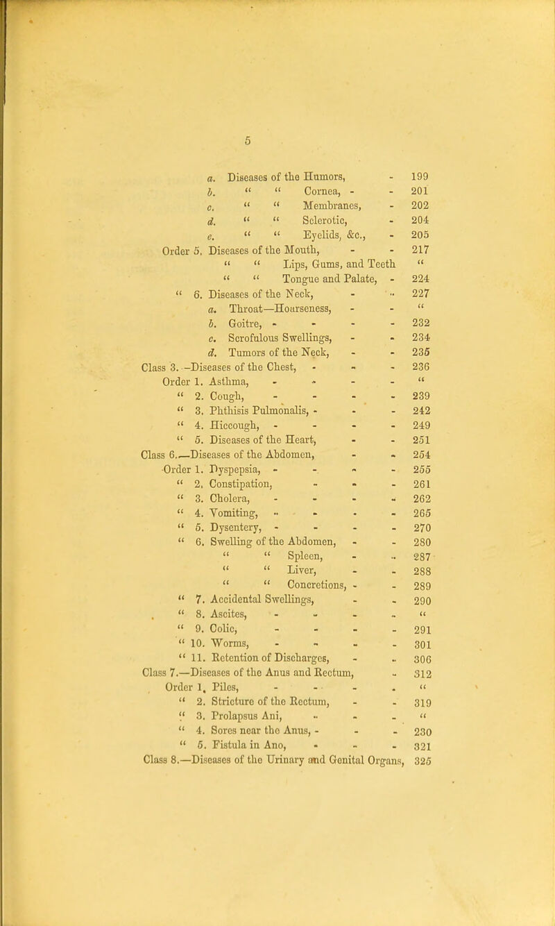 a. Diseases of tlio Humors, - 199 b.   Cornea, - - 201 0.   Membranes, - 202 d.   Sclerotic, - 204 e.   Eyelids, &c., - 205 Order 5. Diseases of the Mouth, - - 217   Lips, Gums, and Teeth    Tongue and Palate, • 224  6. Diseases of the Nect, - ■ •• 227 a. Throat—Hoarseness, - -  1. Goitre, - - - - 232 c. Scrofulous Swellings, - - 234 d. Tumors of the Neck, - - 235 Class 3. -Diseases of the Chest, - - - 236 Order 1. Asthma, - - - -   2. Cough, - - - - 239  3. Phthisis Pulmonalis, - • - 242  4. Hiccough, ... - 249  5. Diseases of the Heart, - - 251 Class 6,,—Diseases of the Abdomen, - - 254 •Order 1. Dyspepsia, . - « - 255  2, Constipation, - • - 261  3. Cholera, - - - - 262  4. Vomiting, ..... 265  5. Dysentery, - - . . 270  6. Swelling of the Abdomen, . - 280   Spleen, - .. 287   Liver, - . 288   Concretions, - - 289  7. Accidental Swellings, - - 290  8, Ascites, - - . , «  9. Colic, - . - - 291  10. Worms, - 301  11. Ectention of Discharges, - . 306 Class 7.—Diseases of the Anus and Eectum, - 312 Order 1, Piles, - - - - '<  2. Stricture of the Eectum, - . 319 '.' 3, Prolapsus Ani, •. - - <'  4. Sores near the Anus, - - . 230  6. Fistula in Ano, ... 321 Class 8.—Diseases of the Urinary and Genital Organs, 325