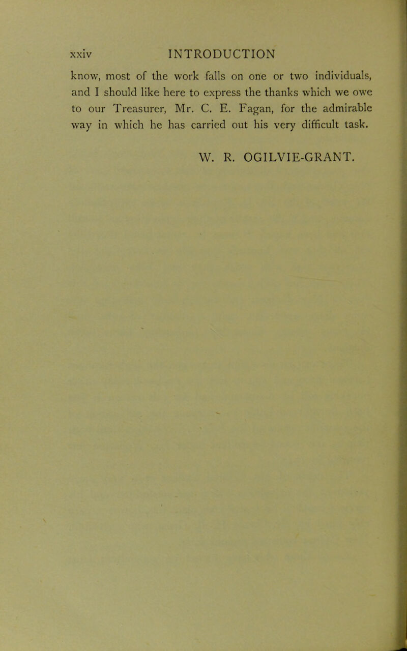 know, most of the work falls on one or two individuals, and I should like here to express the thanks which we owe to our Treasurer, Mr. C. E. Fagan, for the admirable way in which he has carried out his very difficult task. W. R. OGILVIE-GRANT.