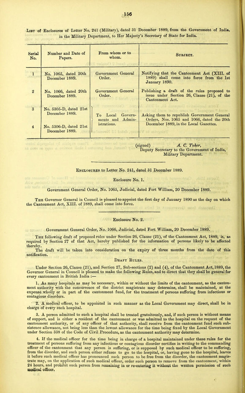 List of Enclosures of Letter No. 241 (Military), dated 31 December 1889, from the Government of India, in the Military Department, to Her Majesty's Secretary of State for India. Serial No. Number and Date of Papers. From whom or to whom. Subject. 1 No. 1065, dated 20th December 188y. Government General Order. Notifying that the Cantonment Act (XIII. of loovj oiiciii uuiim into lurcc iroru ziig isi January 1890. 2 No. 1066, dated 20th December looy. Government General Order. Publishing a draft of the rules proposed to issue uuucr ottuuu vitiuau v J) Lilc Cantonment Act. :: g a No. 5305-D, dated 21st December 1889. To Local Govern- ; ments and Admin- Asking them to republish Government General Orders, Nos. 1065 and 1066, dated the 20th 4 No. 5306-D, dated 21st December 1889. istrations. December 1889, in the Local Gazettes. (signed) A. C. Toker, Deputy Secretary to the Government of India, Military Department. Enclosures to Letter No. 241, dated 31 December 1889. Enclosure No. 1. ■ Government General Order, No. 1065, Judicial, dated Fort William, 20 December 1889. The Governor General in Council is pleased to appoint the first day of January 1890 as the day on which the Cantonment Act, XIII. of 1889, shall come into force. Enclosure No. 2. Government General Order, No. 1066, Judicial, dated Fort William, 20 December 1889. The following draft of proposed rules under Section 26, Clause (21), of the Cantonment Act, 1889, is, as required by Section 27 of that Act, hereby published for the information of persons likely to be affected thereby. The draft will be taken into consideration on the expiry of three months from the date of this notification. Draft Rules. Under Section 26, Clause (21), and Section 27, Sub-sections (2) and (4), of the Cantonment Act, 1889, the Governor General in Council is pleased to make the following Rules, and to direct that they shall be general for every cantonment in British India :— 1. As many hospitals as may be necessary, within or without the limits of the cantonment, as the canton- ment authority with the concurrence of the district magistrate may determine, shall be maintained, at the expense wholly or in part of the cantonment fund, for the treatment of persons suffering from infectious or contagious disorders. ' 2. A medical officer, to be appointed in such manner as the Local Government may direct, shall be in charge of every such hospital. 3. A person admitted to such a hospital shall be treated gratuitously, and, if such person is without means of support, and is either a resident of the cantonment or was admitted to the hospital on the request of the cantonment authority, or of any officer of that authority, shall receive from the cantonment fund such sub- sistence allowance, not being less than the lowest, allowance for the time being fixed by the Local Government under Section 338 of the Code of Civil Procedure, as the cantonment authority may determine. 4. If the medical officer for the time being in charge of a hospital maintained under these rules for the treatment of persons suffering from any infectious or contagious disorder certifies in writing to the commanding officer of the cantonment that any person is suffering, or is supposed by such medical officer to be suffering, from the disorder, and such person either refuses to go to the hospital, or, having gone to the hospital, leaves it before such medical officer has pronounced such person to be free from the disorder, the cantonment magis- trate may, on the application of such medical officer, order such person to remove from the cantonment, within 24 hours, and prohibit such person from remaining in or re-entering it without the written permission of such medical officer.