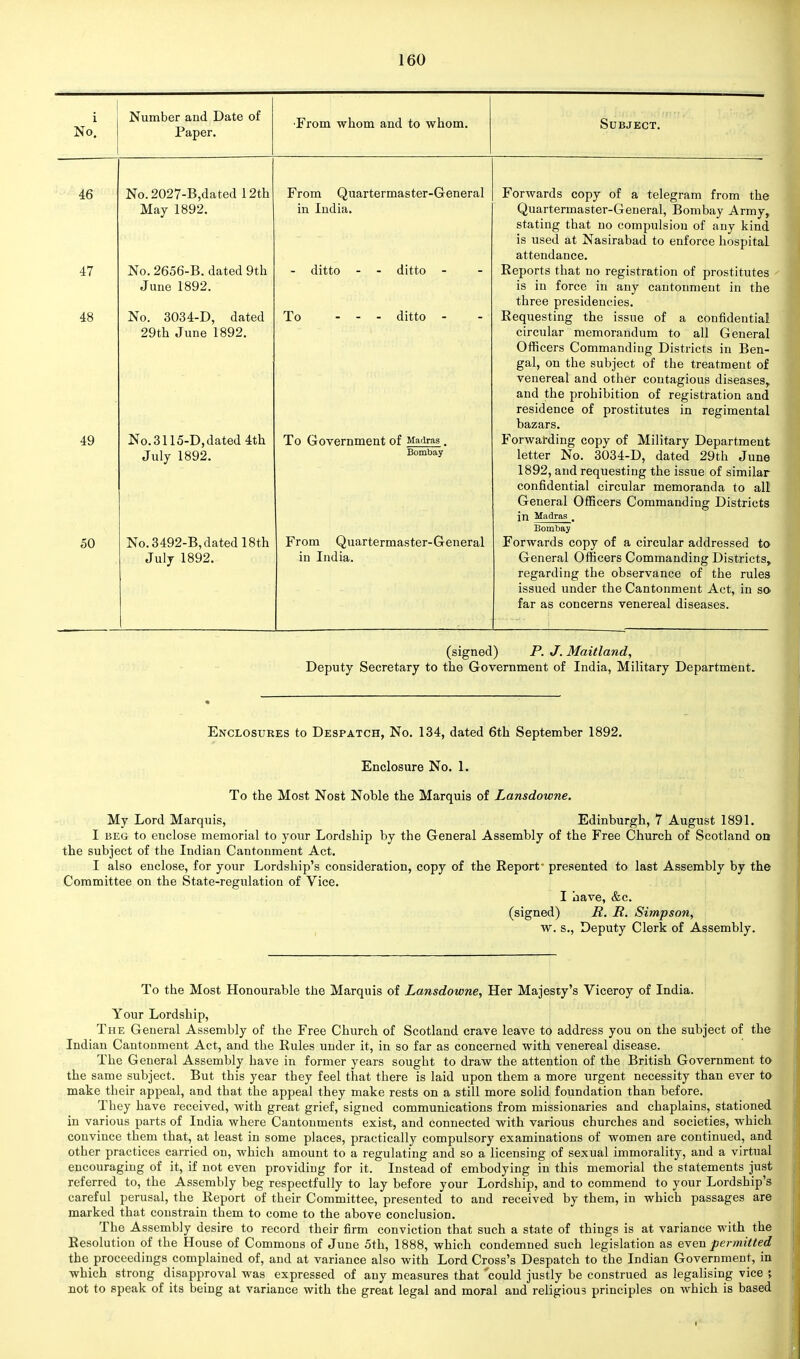 No! Number and Date of Paper. •From whom and to whom. Subject. 46 No.2027-B,dated 12th From Quartermaster-General Forwards copy of a telegram from the May 1892. in India. Quartermaster-General, Bombay Army, stating that no compulsion of any kind is used at Nasirabad to enforce hospital attendance. 47 No. 2656-B. dated 9th June 1892. - ditto - - ditto - Reports that no registration of prostitutes is in force in any cantonment in the three presidencies. 48 No. 3034-D, dated 29th June 1892. To --- ditto - Requesting the issue of a confidential circular memorandum to all General Officers Commanding Districts in Ben- gal, on the subject of the treatment of venereal and other contagious diseases, and the prohibition of registration and residence of prostitutes in regimental bazars. 49 No.3115-D,dated 4th To Government of Madras. Forwarding copy of Military Department July 1892. Bombay letter No. 3034-D, dated 29th June 1892, and requesting the issue of similar confidential circular memoranda to all General Officers Commanding Districts jn Madras Bombay KSn 3AQ9-~R da tori 1 Stli Frnm O ii fl Ttprm nstpT-frPnprfll j. ui wdiua luuv ul ct v ncuitti ctutireoseu to July 1892. in India. General Officers Commanding Districts, regarding the observance of the rules issued under the Cantonment Act, in so far as concerns venereal diseases. (signed) P. J. Maitland, Deputy Secretary to the Government of India, Military Department. Enclosures to Despatch, No. 134, dated 6th September 1892. Enclosure No. 1. To the Most Nost Noble the Marquis of Lansdowne. My Lord Marquis, Edinburgh, 7 August 1891. I beg to enclose memorial to your Lordship by the General Assembly of the Free Church of Scotland on the subject of the Indian Cantonment Act. I also enclose, for your Lordship's consideration, copy of the Report' presented to last Assembly by the Committee on the State-regulation of Vice. I have, &c. (signed) R. R. Simpson, w. s., Deputy Clerk of Assembly. To the Most Honourable the Marquis of Lansdowne, Her Majesty's Viceroy of India. Your Lordship, The General Assembly of the Free Church of Scotland crave leave to address you on the subject of the Indian Cantonment Act, and the Rules under it, in so far as concerned with venereal disease. The General Assembly have in former years sought to draw the attention of the British Government to the same subject. But this year they feel that there is laid upon them a more urgent necessity than ever to make their appeal, and that the appeal they make rests on a still more solid foundation than before. They have received, with great grief, signed communications from missionaries and chaplains, stationed in various parts of India where Cantonments exist, and connected with various churches and societies, which convince them that, at least in some places, practically compulsory examinations of women are continued, and other practices carried on, which amount to a regulating ana so a licensing of sexual immorality, and a virtual encouraging of it, if not even providing for it. Instead of embodying in this memorial the statements just referred to, the Assembly beg respectfully to lay before your Lordship, and to commend to your Lordship's careful perusal, the Report of their Committee, presented to and received by them, in which passages are marked that constrain them to come to the above conclusion. The Assembly desire to record their firm conviction that such a state of things is at variance with the Resolution of the House of Commons of June 5th, 1888, which condemned such legislation as even permitted the proceedings complained of, and at variance also with Lord Cross's Despatch to the Indian Government, in which strong disapproval was expressed of any measures that could justly be construed as legalising vice ; not to speak of its being at variance with the great legal and moral and religious principles on which is based