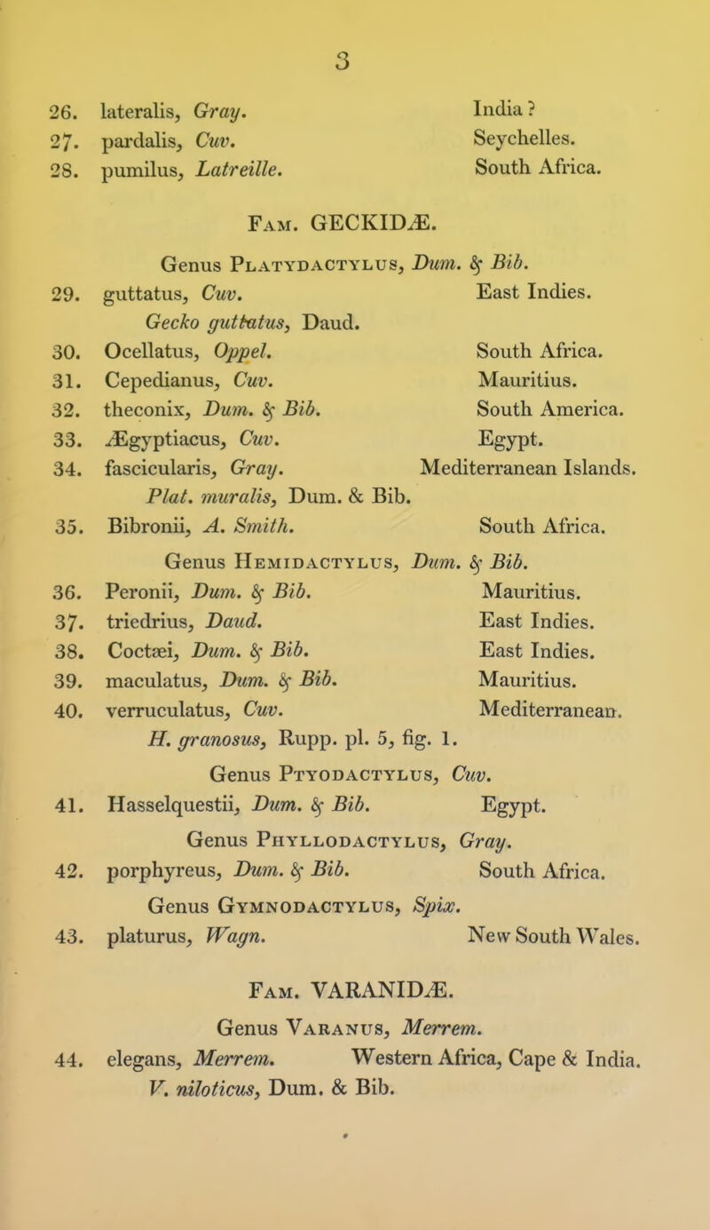 26. lateralis, Gray. India? 27. pardalis, Cuv. Seychelles. 28. pumilus, Latreille. South Africa. Fam. GECKID.E. Genus Platydactylus, Dum. ^ Bib. 29. guttatus, Cuv. East Indies. Gecko guitatus, Daud. 30. Ocellatus, Oppel. South Africa. 31. Cepedianus, Cuv. Mauritius. 32. theconix, Dum. 6f Bib. South America. 33. ^gyptiacus, Cuv. Egypt. 34. fascicularis. Gray. Mediterranean Islands. Plat, muralis, Dum. & Bib. 35. Bibronii, A. Smith. South Africa. Genus Hemidactylus, Dum. ^ Bib. 36. Peronii, Dum. ^ Bib. Mauritius. 37. triedrius, Daud. East Indies. 38. Coctaei, Dum. 6f Bib. East Indies. 39. maculatus, Dum. ^ Bib. Mauritius. 40. verruculatus, Cuv. Mediterranean. H. granosuSy Rupp. pi. 5, fig. 1. Genus Ptyodactylus, Cuv. 41. Hasselquestiij Dum. ^ Bib. Egypt. Genus Phyllodactylus, Gray. 42. porphyreus, Dum. ^ Bib. South Africa. Genus Gymnodactylus, Spix. 43. platurus, Wagn. New South Wales. Fam. VARANID^. Genus Varanus, Merrem. 44. elegans, Merrem. Western Africa, Cape & India. V. niloticuSf Dum. & Bib.