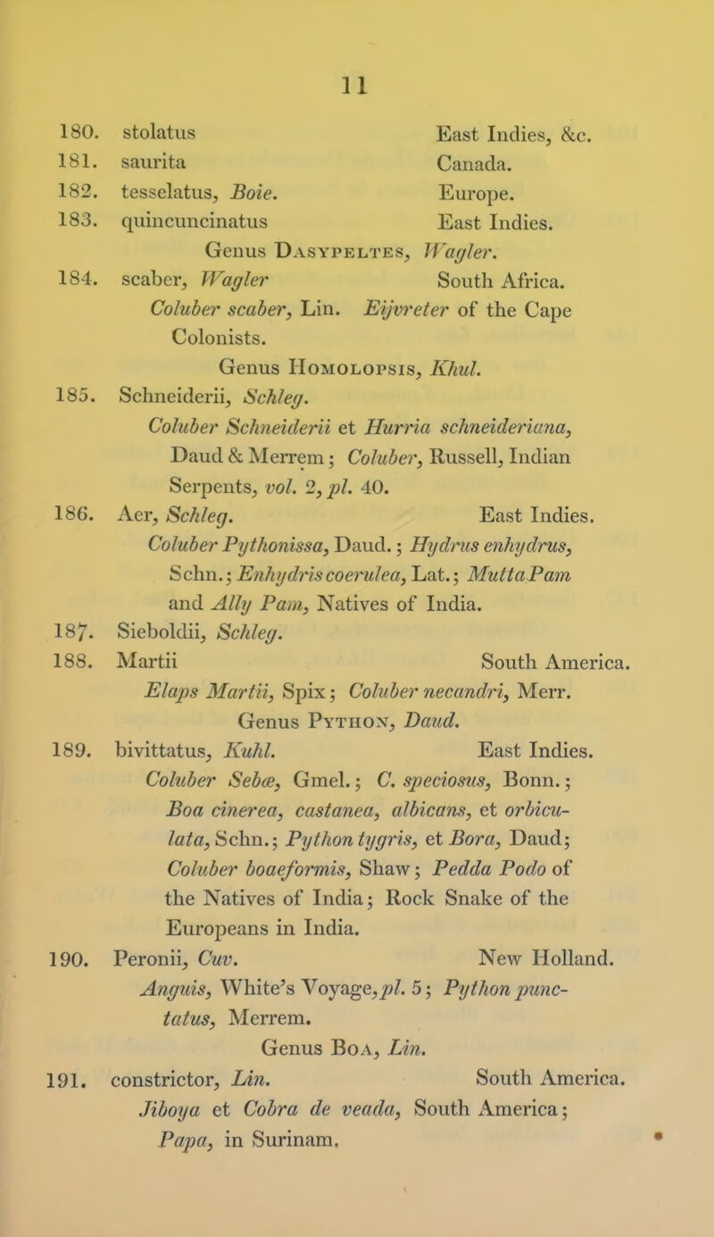 180. stolatus East Indies, &c. 181. saurita Canada. 182. tesselatus, Boie. Europe. 183. quincuncinatus East Indies. Genus Dasypeltes, Wagler. 184. scaber, Wagler South Africa. Coluber scaber, Lin. Eijvreter of the Cape Colonists. Genus Homolopsis, Khul. 185. Schnciderii, iSchleg. Coluber Schneiderii et Hurria schneideriana, Daud & Merrem; Coluber, Russell, Indian Serpents, vol. 2, pL 40. 186. Aer, Schleg. East Indies. Coluber Pythonissa, Daud.; Hydnis enhydrus, Sichn.', Enhydi'iscoerulea, Lat.; MuttaPam and Ally Pam, Natives of India. 187. Sieboldii, Schleg. 188. Martii South America. Elaps Martii, Spix; Coluber necandri, Merr. Genus Python, Daud. 189. bivittatus, Kuhl. East Indies. Coluber Sebce, Gmel.; C. speciosus, Bonn.; Boa cinerea, castanea, albicans, et orbicu- /fl/a, Schn.; Python tygris, et Bora, Daud; Coluber boaeformis, Shaw; Pedda Podo of the Natives of India; Rock Snake of the Europeans in India. 190. Peronii, Cuv. New Holland. Anguis, White's Voyage,/*/. 5; Python imnc- tatus, Merrem. Genus Boa, Lin. 191. constrictor, Lin. South America. Jiboya et Cobra de veada, South America; Papa, in Surinam.