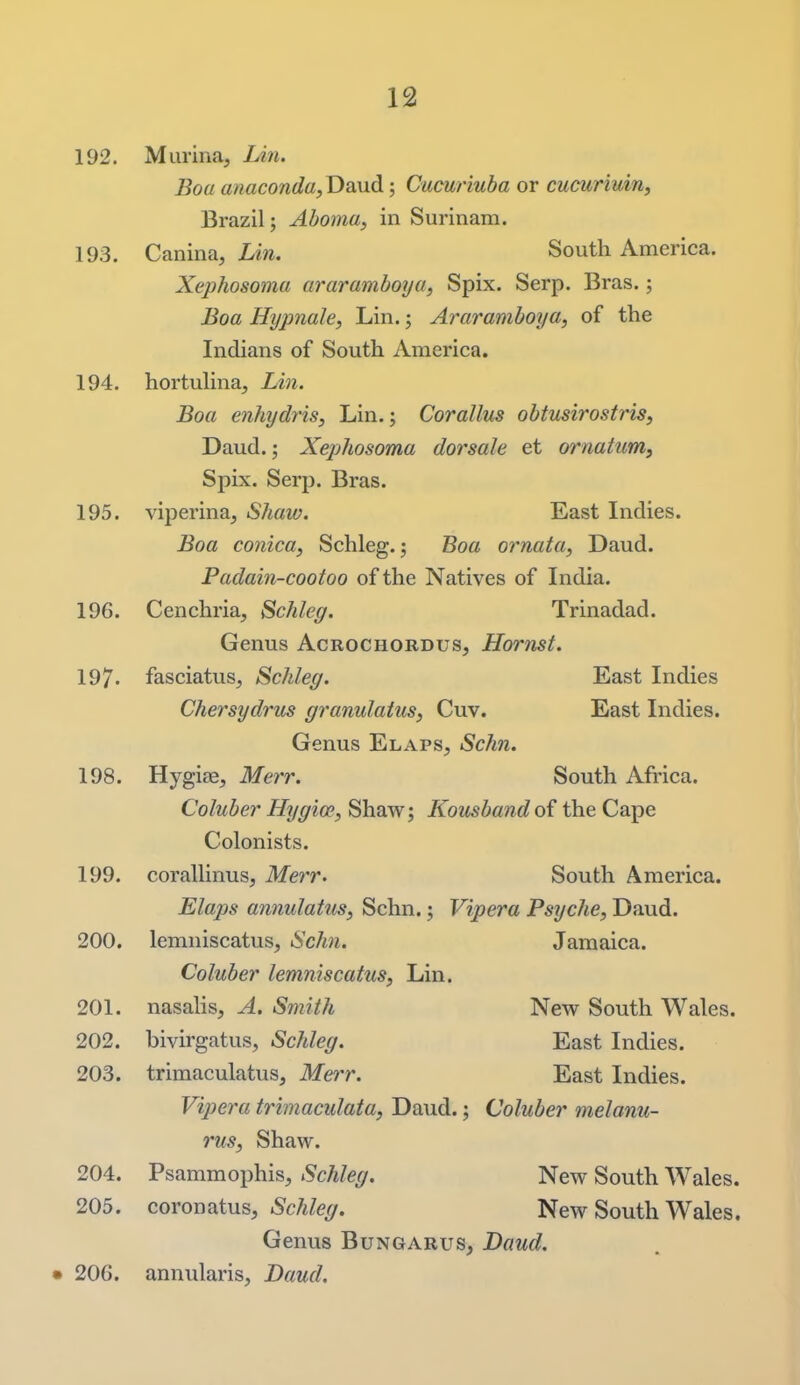 192. Marina, Lin. Boa anaconda, Daud; Cucuriuba or cucuriuin, Brazil; Aboma, in Surinam. 193. Canina, Lin. South America. Xephosoma araramboyu, Spix. Serp. Bras.; Boa Hypnale, Lin.; Araramboya, of the Indians of South America. 194. hortuUna, Lin. Boa enhydris, Lin.; Corallus obtusirostris, Daud.; Xephosoma dorsale et ornatum, Spix. Serp. Bras. 195. viperina, Shaw. East Indies. Boa conica, Schleg.; Boa ornata, Daud. Padain-cootoo of the Natives of India. 196. Cenchria, Schleg. Trinadad. Genus Acrochordus, Hornst. 197- fasciatus, Schleg. East Indies Chersydrus granulatus, Cuv. East Indies. Genus Elaps, Schn. 198. Hygise, Merr. South Africa. Coluber HygioR, Shaw; Kousband of the Cape Colonists. 199. corallinus, Merr. South America. Elaps annulatiis, Schn.; Vipera Psyche, Daud. 200. lemniscatus, Schn. Jamaica. Coluber lemniscatus, Lin. 201. nasahs, A. Smith New South Wales. 202. bivirgatus, Schleg. East Indies. 203. trimaculatus, Merr. East Indies. Vipera trhnaculata, Daud.; Coluber melanu- rus, Shaw. 204. Psammophis, Schleg. New South Wales. 205. coronatus, Schleg. New South Wales. Genus Bungarus, Daud. 206. annularis, Daud.