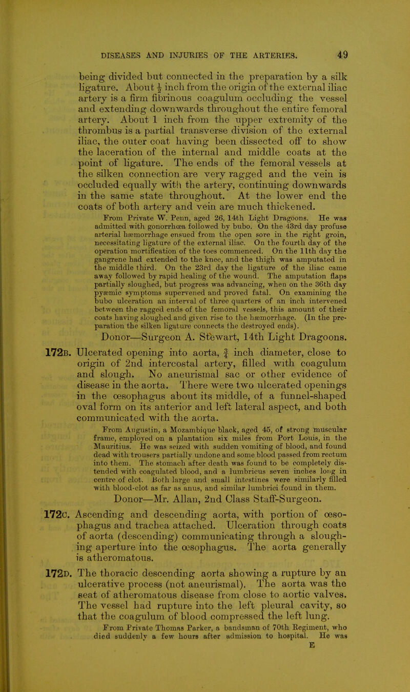 being divided but connected in the preparation by a silk ligature. About ^ inch from the origin of the external iliac artery is a firm fibrinous coagulum occluding the vessel and extending downwards throughout the entire femoral artery. About 1 inch from the upper extremity of the thrombus is a partial transverse division of the external iliac, the outer coat having been dissected off to show the laceration of the internal and middle coats at the point of ligature. The ends of the femoral vessels at the silken connection are very ragged and the vein is occluded equally with the artery, continuing downwards in the same state throughout. At the lower end the coats of both artery and vein are much thickened. From Private W. Penn, aged 26, 14tli Light Dragoons. He was admitted with gonorrhcEa followed by bubo. On the 43rd day profuse arterial haemorrhage ensued from the open sore in the right groin, necessitating ligature of the external iliac. On the fourth day of the operation mortification of the toes commenced. On the 1 Ith day the gangrene had extended to the knee, and the thigh was amputated in the middle third. On the 23rd day the ligature of the iliac came away followed by rapid heahng of the wound. The amputation flaps partially sloughed, but progress was advancing, when on the 36th day pysemic symptoms supervened and proved fatal. On examining the bubo ulceration an interval of three quarters of an inch intervened between the ragged ends of the femoral vessels, this amount of their coats having sloughed and given rise to the hsemorrhage. (In the pre- paration the silken ligature connects the destroyed ends). Donor—Surgeon A. Stewart, 14th Light Dragoons. 172b. Ulcerated opening into aorta, | inch diameter, close to origin of 2nd intercostal artery, filled with coagulum and slough. No aneurismal sac or other evidence of disease in the aorta. There were two ulcerated openings in the oesophagus about its middle, of a funnel-shaped oval form on its anterior and left lateral aspect, and both communicated with the aorta. From Augustin, a Mozambique black, aged 45, of strong muscular frame, employed on a plantation six miles from Port Louis, in the Mauritius. He was seized with sudden vomiting of blood, and found dead with trousers partially undone and some blood passed from rectum into them. The stomach after death was found to be completely dis- tended with coagulated blood, and a lumbricus seven inches long in centre of clot. iJoth large and small intestines were similarly filled with blood-clot as far as anus, and similar lumbrici found in them. Donor—Mr. Allan, 2nd Class Staff-Surgeon. 172c. Ascending and descending aorta, with portion of oeso- phagus and trachea attached. Ulceration through coats of aorta (descending) communicating through a slough- ing aperture into the oesophagus. The aorta generally is atheromatous. 172d. The thoracic descending aorta showing a rupture by an ulcerative process (not aneurismal). The aorta was the seat of atheromatous disease from close to aortic valves. The vessel had rupture into the left pleural cavity, so that the coagulum of blood compressed the left lung. From Private Thomas Parker, a bandsman of 70th Regiment, who died suddenlv a few hours after admission to hospital. He was E