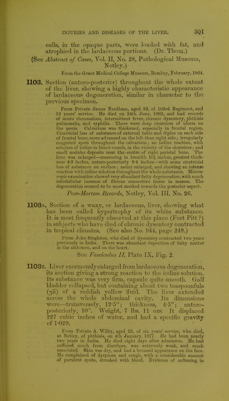 cells, in the opaque parts, were loaded with fat, and atropliied in the lardaeeous portions. (Dr. Thoni.) (See Abstract of Cases, Vol. II, No. 28, Pathological Museum, Netley.) From the Grant Medical College Museum, Bombay, February, 1864, 1103. Section (antero-XDOsterior) throughout the whole extent of the liver, showing a highly characteristic appearance of lardaeeous degeneration, similar in character to the previous specimen. From Private James Needbam, aged 33, of 103rd Eegiment, and 13 years' service. He died on 24tb June, 1863, and had records of acute rheumatism, intermittent fever, chronic dysentery, phthisis pulmonalis, and syphilis. There were deep cicatrices of ulcers on the penis. Calvarium was thickened, especially in frontal region. Cicatricial loss of substance of external table and diploe on each side of frontal bone, moi'e advanced on the left than right side; irregularly congested spots throughout the calvarium ; an iodine reaction, with solution of iodine in blood-vessels, in the vicinity of the cicatrices; and. small nodular deposits near the centre of right parietal bone. The liver was enlarged—measuring in breadth 10| inches, greatest thick- ness 43 inches, antero-posteriorly 84 inches—with some cicatricial loss of substance on surface ; ascini enlarged, and showing an intense reaction with iodine solution throughout the whole substance. Micros- copic examination showed very abimdant fatty degeneration, with much ^ interlobular increase of fibrous connective tissue in masses. The degeneration seemed to be most marked towards the posterior aspect. Post-Mortem Records, Netley, Vol. Ill, No. 26. 1103a. Section of a waxy, or lardaeeous, liver, showing what has been called hypertrophy of its white substance. It is most frequently observed at this place (Fort Pitt ?) in subjects who have died of chronic dysentery contracted in tropical climates. (See also No. 944, page 248.) From John Singleton, who died of dysentery contracted two years previously in India. There was abundant deposition of fatty matter in the abdomen, and on the heart. See Fasciculus II, Plate IX, Fig. 2, 1103b. Liver enormously enlarged from lardaeeous degeneration,, its section giving a strong reaction to the iodine solution. Its substance was very firm, capsule quite smooth. Gall bladder collapsed, but containing about two teaspoonfuls (^ii) of a reddish yellow fl.uid. The liver extended across the whole abdominal cavity. Its dimensions were—transversely, 12*5'''; thickness, 4-5; antero- posteriorly^ 10. Weight, 7 lbs. 11 ozs. It displaced 227 cubic inches of water, and had a specific gravity of 1-029. From Private A, Wilby, aged 23, of six years' service, who died, at Netley, of phthisis, on 4t]i January, 1877. He had been neai-ly two years in India. He died eight days after admission. Ho had suffered much from diarrhoea, was extremely weak, and much emaciated. Skin was dry, and had a bronzed appearance on the face. He complained of dyspnoja and cough, with a considerable amount of purulent spxita, streaked with blood. Evidence of softening iu