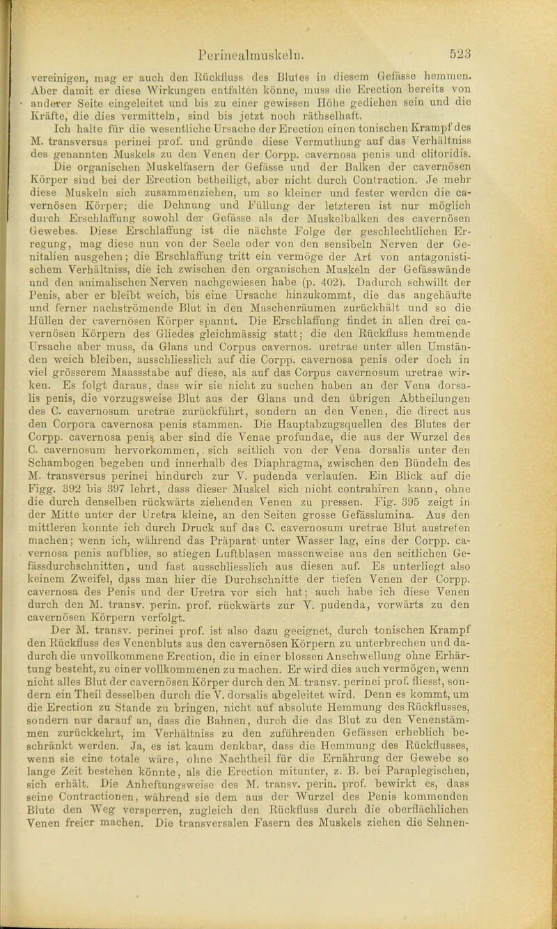 vereinigen, mag er auch den Riickfluss des Blules in dicsem GefiisRe hemmen. Aber damit er dicse Wirkungon entfalten konne, muss die Erection bereite von andever Seite eingeleitet und bis zu einer gcwissen Ilobe gediehen sein und die Krafte, die dies vermitteln, sind bis jetzt noch riithselhaft. Icli halte fur die wesentliohe Ursache der Erection einen tonischen Krampf des M. transversus perinei prof, und griindo diese Vermuthung auf das Verbiiltniss des genannten Muskels zu den Venen der Corpp. cavernosa penis und clitoridis. l>io organischen Muskelfasern der Gefasse und der Balken der cavernosen Korper sind bei der Erection bethciligt, aber nicht durcli Contraction. Je mebr diese Muskeln sich zusammenziehen, ura so kleiner und fester werdcn die ca- vernosen Korper; die Dehnung und Fullung der letzteren ist nur moglich durch Erscblaffung sowohl der Gefasse als der Muskclbalken des cavernosen Gewebes. Diese Ersclilaffung ist die nachste Folge der geschlechtlichen Er- regung, mag diese nun von der Seele oder von den sensibeln Nerven der Ge- nitalien ausgeben; die Erscblaffung tritt ein vermoge der Art von antagonisti- scbem Verbiiltniss, die icb zwischen den organiscben Muskeln der Gefasswande und den animaliscben Nerven nacbgewiesen babe (p. 402). Dadurch schwillt der Penis, aber er bleibt weich, bis eine Ursache binzukommt, die das angehaufte und ferner nachstromende Blut in den Maschenriiumen zuriickhalt und so die Hiillen der cavernosen Korper spannt. Die Erscblaffung findet in alien drei ca- vernosen Korpern des Gliedes gleichmassig statt; die den Riickfluss heramende Ursache aber muss, da Glans und Corpus cavernos. uretrae unter alien Umstan- den weich bleiben, ausschliesslich auf die Corpp. cavernosa penis oder doch in viel grosserem Maassstabe auf diese, als auf das Corpus cavernosum uretrae wir- ken. Es folgt daraus, dass wir sie nicht zu suchen baben an der Vena dorsa- lis penis, die vorzugsweise Blut aus der Glans und den iibrigen Abtheilungen des C cavernosum uretrae zuriickfuhrt, sondern an den Venen, die direct aus den Corpora cavernosa penis stammen. Die Hauptabzugsquellen des Blutes der Corpp. cavernosa penis/ aber sind die Venae profundae, die aus der Wurzel des C. cavernosum bervorkommen, sich seitlich von der Vena dorsalis unter den Schambogen begeben und innerhalb des Diaphragma, zwischen den Biindcln des M. transversus perinei hindurch zur V. pudenda verlaufen. Ein Blick auf die Figg. 392 bis 397 lehrt, dass dieser Muskel sich nicht contrahiren kann, ohne die durch denselben riickwarts ziehenden Venen zu pressen. Fig. 395 zeigt in der Mitte unter der Uretra kleine, an den Seiten grosse Gefasslumina. Aus den mittleren konnte ich durch Druck auf das C. cavernosum uretrae Blut austrefen machen; wenn ich, wahrend das Praparat unter Wasser lag, eins der Corpp. ca- vernosa penis aufblies, so stiegen Luftblasen massenweise aus den seitlichen Ge- fiissdurchschnitten, und fast ausschliesslich aus diesen auf. Es unterliegt also keinem Zweifel, d#ss man bier die Durchschnitte der tiefen Venen der Corpp. cavernosa des Penis und der Uretra vor sich hat; auch habe ich diese Venen durch den M. transv. perin. prof, riickwarts zur V. pudenda, vorwarts zu den cavernosen Korpern verfolgt. Der M. transv. perinei prof, ist also dazu geeignet, durch tonischen Krampf den Riickfluss des Venenbluts aus den cavernosen Korpern zu unterbrechen und da- durch die unvollkommene Erection, die in einer blosseu Anschwellung ohne Erhar- tung besteht, zu einer vollkommenen zu machen. Er wird dies auch vermogen, wenn nicht alles Blut der cavernosen Korper durch den M. transv. perinei prof, fliesst, son- dern ein Theil desselben durch die V. dorsalis abgeleitet wird. Denn es kommt, um die Erection zu Stande zu bringen, nicht auf absolute Hemmung des Ruckflusses, sondern nur darauf an, dass die Bahnen, durch die das Blut zu den Venenstiim- men zuriickkehrt, im Verbiiltniss zu den zufiihrenden Gefiissen erheblich be- schrankt werden. Ja, es ist kaum denkbar, dass die Hemmung des Ruckflusses, wenn sie eine totale ware, ohne Nachtheil fur die Ernahrung der Gewebe so lange Zeit bestehen konnte, als die Erection mitunter, z. B. bei Paraplegischen, sich erhalt. Die Anheftungsweise des M. transv. perin. prof, bewirkt es, dass seine Contractionen, wahrend sie dem aus der Wurzel des Penis kommenden Blute den Weg versperren, zugleich den Riickfluss durch die oberfliichlichen Venen freier machen. Die transversalen Fasern des Muskels ziehen die Sehnen-