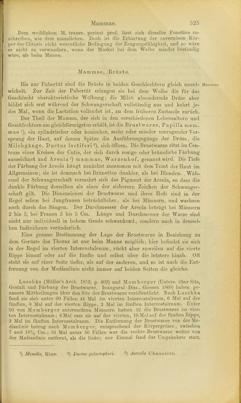 Dem woiblichcn M. transv. perinei prof, lasst sich dieselbe Function zu- sehreiben, wio clem miinnlichen. Doch ist die Erhiirtung cler cavernoscn Kor- per cler Clitoris nicht wesentliche Bedingung dor Zeugungsl'iihigkeit, und so wiire es nicht zu verwundern, wenn der Muskel bei clem Weibe minder bestiindig wiire, als beim Manne. .Mammae, Briiste. Bis zur Pubertal sind die Briiste in beiden Geschlechtern gleicb uuent- Mammae, wickelt. Zur Zeit der Pubertat erlnngen sie bei dem Weibe die fur das Geschlecht charakteristische Wolbung; die Milcii absondernde Druse aber bildet sicli erst wiibrend der Schwangerscbaft vollstjindig aus und kehrt je- des Mai, wenn die Lactation vollendet ist, zu dem friiheren Zustande zuriick. Der Theil cler Mamma, der sicb in den verschiedenen Lebensaltern und Gesclileclitern am gleichformigsten erha.lt, ist die Brustwarze, Papilla mam- mae '), ein cylindrischer oder konischer, mehr oder minder vorragender Vor- spruug der Haut, auf dessen Spitze die Ausfiihrungsgange der Driise, die Milchgange, Ductus lactiferi2), sich offnen. Die Brustwarze sitzt im Cen- trum eines Kreises der Cutis, der sicb durch rosige oder braunliche Farbung auszeichnet und Areola3) mammae, Warzenhof, genanntwird. Die Tiefe cler Farbung cler Areola hangt zunachst zusammen mit. dem Teint der Haut im Allgemeinen; sie ist demnach bei Briinetten dunkler, als bei Blonden. Wiib- rend der Scbwangerschaft vermelirt sich das Pigment der Areola, so dass die dunkle Farbung derselben als eines der sicherern Zeichen der Schwanger- scbaft gilt. Die Dimensionen der Brustwarze und ibres Hofs sind in der Regel scbon bei Jungfrauen betrachtlicber, als bei Mannern, und wachsen nocb durch das Siiugen. Der Durchmesser der Areola betriigt bei Mannern 2 bis 3, bei Frauen 3 bis 5 Cm. Lange und Durcbmesser der Warze sind nicht nur individuell in hohem Grade scbwankend, sondern auch in demsel- ben Individuum veranderlich. Eine genaue Bestimmung der Lage der Brustwarze in Beziehung zu dem Geriiste des Thorax ist nur beim Manne moglicb; bier befindet sie sich in der Regel im vierten Intercostalraum, riickt aber zuweilen auf die vierte Rippe hinauf oder auf die fiinfte und selbst iiber die letztere hinab. Oft stebt sie auf einer Seite tiefer, als auf der anderen, und so ist aucb die Ent- fernung von der Medianlinie nicht immer auf beiden Seiten die gleicbe. Luschka (Muller's Arch. 1852, p. 402) und Momberger (Unters. iiber Sitz, Gestalt und Farbung cler Brustwarze. Inaugural-Diss., Giessen 1860) haben ge- nauere Mittheilungen iiber den Sitz der Brustwarze veroffentlicht. Nach Luschka fand sie sich unter GO Fallen 44 Mai im vierten Intercostalraum, 6 Mai auf der i'iinften, 8 Mai auf der vierten Rippe, 2 Mai im fiinften Intercostalraum. Unter 50 von Momberger untersuchten Mannern batten 32 die Brustwarze im vier- ten Intercostalraum; 6 Mai sass sie auf der vierten, 10 Mai auf der fiinften Rippe, 2 Mai im fiinften Intercostalraum. Die Entfernung cler Brustwarze von der Me- dianlinie betrug nach Momberger, entsprechend cler Korpergrosse, zwiscben 7 unci 18% Cm.; 10 Mai unter 50 Fallen war die rechtc Brustwarze weiter von der Medianlinie entfernt, als die linke; nur Einmal fand das Umgekehrtc statt. 1) Manilla, Kizte. 2) £)urivs galoctophoru 3) Aureola Chaussier.