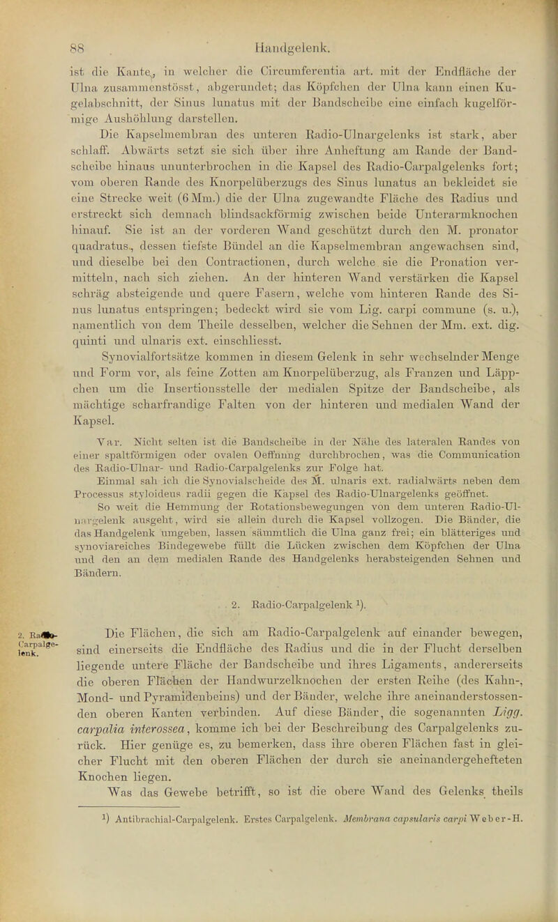 i^t die K.'iiilc, in welcher die Circumferemtia art. mil der Endflache der Ulna zusammenstosst, abgerundet; das Kopfchen der Qlna kann einen Ku- gelabschnitt, dor Sinus Lunatus mit der Bandscheibe erne einfacb kugelfor- mige Aushohlung darstellen. Die Kapselmembran des unteren Radio-Ulnargelenks ist stark, aber scblaff. Abwarts setzt sie sich fiber ihre Anheffcung am Rande der Band- scheibe binaus ununterbrochen in die Kapsel des Radio-Carpalgelcnks fort ; vom oberen Rande des Knorpeliiberzngs des Sinus lunatus an bekleidet sie eine Strecke weit (6 Mm.) die der Ulna zugewandte Fliicbe des Radius and i rstreckt sicb demnacb blindsackformig zwiscben beide Unterarmknocben binauf. Sie ist an der vorderen Wand gescbfitzt durcb den M. pronator ([iiadratus, dcssen tiefste Biindel an die Kapselmembran angewachsen sind, uud dieselbe bei den Contractionen, durcb welcbe sie die Pronation ver- mitteln, nacb sicb ziehen. An der binteren Wand verstarken die Kapsel schriig absteigende find quere Fasern, welche vom binteren Rande des Si- nus lunatus entspringen; bedeckt wircl sie vom Lig. carpi commune (s. u.), namentlicb von dem Tbeile desselben, welcher die Sebnen der Mm. ext. dig. quinti und ulnaris ext. einscbliesst. Synovialfortsiltze kommen in diesem Gelenk in sebr wecbselnder Menge und Form vor, als feine Zotten am Knorpelfiberzug, als Franzen und Lapp- chen um die Insertiousstelle der medialen Spitze der Bandscheibe, als miicbtige scbarfraudige Falten von der binteren und medialen Wand der Kapsel. Var. Nirht selten ist die Bandscheibe in der Nalie des latevalen Randes von einer spaltformigen oder ovalen Oeffnnng durchbrochen, was die Commmiication des Radioulnar- und Radio-Cai-palgelenks zur Folge hat. Einmal sail ich die Synovialscheide des M. ulnaris ext. radiahvarts neben dem Pi'ocessus styloideus radii gegen die Kapsel des Radio-Ulnargelenks geoffnet. So weit die Hemmung der Rotationsbewegungen von dem unteren Radio-Ul- uargelenk ausgeht, wird sie alleih durch die Kapsel vollzogen. Die Bander, die das Handgelenk nmgeben, lassen slimmtlicli die Ulna ganz frei; ein bliitteriges und svnoviareiches Bindegewebe fiillt die Liicken zwiscben dem Kopfehen der Ulna und den an dem medialen Rande des Handgelenks herabsteigenden Sehnen und Bandern. 2. Radio-Carpalgelenk Die Fliicben, die sicb am Radio-Carpalgelenk auf einander bewegen, sind einerseits die Endflficbe des Radius und die in der Fluent derselben liegende unterc Fliicbe der Bandscheibe und ihres Ligaments, andererscits die oberen Fliicben der Handwurzelknochen der ersten Reihe (des Kabn-, Mond- und Pyramidenbeins) und der Bander, welche ihre aneinanderstossen- den oberen Kanten verbinden. Auf diese Bander, die sogenannten Lifff/. carpalia interossea, komme ich bei der Beschreibung des Carpalgelenks zu- rfick. Hier genfige es, zu bemei-ken, dass ihre oberen Flacben fast in glei- cher Flucht mit den oberen Flachen der durch sie aneinandergehefteten Knochen liegen. Was das Gewebe betrifft, so ist die obere Wand des Gelenks theils 2. »> Carpaljje- lenk. a) Antibrachial-Carpalgolenk. Erstes Carpalgelenk, Membfana capsularis carpi Weber-H.