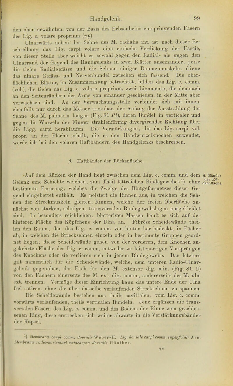 den obon erwahnten, von der Basis des Erbsenbeins entspringenden Fasern des Lig. c. volare proprium (vp). Ulnarwarts neben ' der Sebne des M. radialis int. ist nach dieser Be- schreibung das Lig. carpi volare eine einfache Verdickung der Fascie, von dieser Stelle aber weicbt es sowohl gegen den Radial- als gegen den Ulnarrand der Gegend des Handgelenks in zwei Blatter auseinander, jene die tiefen Radialgefiisse und die Sehnen einiger Daumenmuskeln, diese das ulnare Gefass- und Nervenbimdel zwischen sich fassend. Die ober- Hiichlicben Blatter, im Zusammenb ang betracbtet, bilden das Lig. c. comm. (vol.), die tiefen das Lig. c. volare proprium, zwei Ligamente, die demnach an den Seitenrandern des Arms von einander gescbieden, in der Mitte aber verwachsen sind. An der Verwacbsungsstelle verbindet sich mit ibnen, ebenfalls nur durch das Messer trennbar, der Anfang der Ausstrahlung der Sehne des M. palmaris longus (Fig. 81 PI), deren Biindel in verticaler und gegen die Wurzeln der Finger strahlenformig divergirender Ricbtung iiber die Ligg. carpi berablaufen. Die Verstarkungen, die das Lig. carpi vol. propr. an der Flache erhalt, die es den Handwurzelknocben zuwendet, werde ich bei den volaren Haftbandern des Handgelenks bescbreiben. /?. Hafttender der Riickenflache. -Auf dem Rucken der Hand liegt zwiscben dem Lig. c. comm. und dem Bander Gelenk eine Schicbte weichen, zum Theil fettreicben Bindegewebes obne ckenfllohe. bestimmte Faserung, welches die Zweige des Blutgefassnetzes dieser Ge- gend eingebettet enthalt. Es polstert die Rinnen aus, in weichen die Seh- nen der Streckmuskeln gleiten, Rinnen, welche der freien Oberflache zu- nachst von starken, sehnigen, transversalen Bindegewebslagen ausgekleidet sind. In besonders reichlichen, blatterigen Massen hiiuft es sich auf der hinteren Flache des Kopfchens der Ulna an. Fibrose Scheidewande thei- len den Raum, den das Lig. c. comm. von hinten her bedeckt, in Facher ab, in weichen die Strecksehnen einzeln oder in bestimmte Gruppen geord- net liegen; diese Scheidewande gehen von der vorderen, dem Knochen zu- gekehrten Flache des Lig. c. comm. entweder zu leistenartigen Vorspriingen des Knochens oder sie verlieren sich in jenem Bindegewebe. Das letztere gilt namentlich fiir die Scheidewande, welche, dem unteren Radio-Ulnar- gelenk gegeniiber, das Fach fiir den M. extensor dig. min. (Fig. 81. 2) von den Fachern einerseits des M. ext. dig. comm., andererseits des M. uln. ext. trennen. Vermoge dieser Einrichtung kann das untere Ende der Ulna frei rotiren, ohne die iiber dasselbe verlaufenden Strecksehnen zu spannen. Die Scheidewiinde bestehen aus theils sagittalen, vom Lig. c. comm. vorwtirts verlaufenden, tbeils verticalen Buncleln. Jene erganzen die trans- versalen Fasern des Lig. c. comm. und des Bodens der Rinne znm geschlos- senen Ring, diese erstrecken sich weiter abwtirts in die Verstarkungsbiinder der Kapsel. ■*) Me.mbrana carpi, comm. dorsalh Webcr-H. Lig. dortale Carpi comm. superjiciale Am. Membrana radio-naviculari-metacarpca dorsalil Oiintlier. 7*