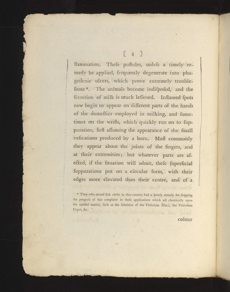 flammation. Thefe puftules, unlefs a timel)^ re« medy be applied, frequently degenerate into pha- gedenic ulcers, which prove extremely trouble- fome ^\ The animals become indifpofed, and the fecrefcion of milk is much leffened* Inflamed Ipots now begin to appear on different parts of the hands of the domeftics employed in milking, and fome- times on the wrifts, which quickly run on to fup- puration, firft aifuming the appearance of the fmall vefications produced by a burn. Moft commonly they appear about the joints of the fingers, and at their extremities; but whatever parts are af- efted, if the fituation will admit, thefe fuperficial fuppurations put on a circular form, with their edges more elevated than their centre, and of a » * They who attend fick cattle in this country find a ipeedy remedy for (lopping the progrefs of this complaint in thofe applications which a6l chemically upon the morbid matter, fuch as the folutions of the Vitriolum Zinci, the Vitriolum Cnpri, &c. ♦ colour I