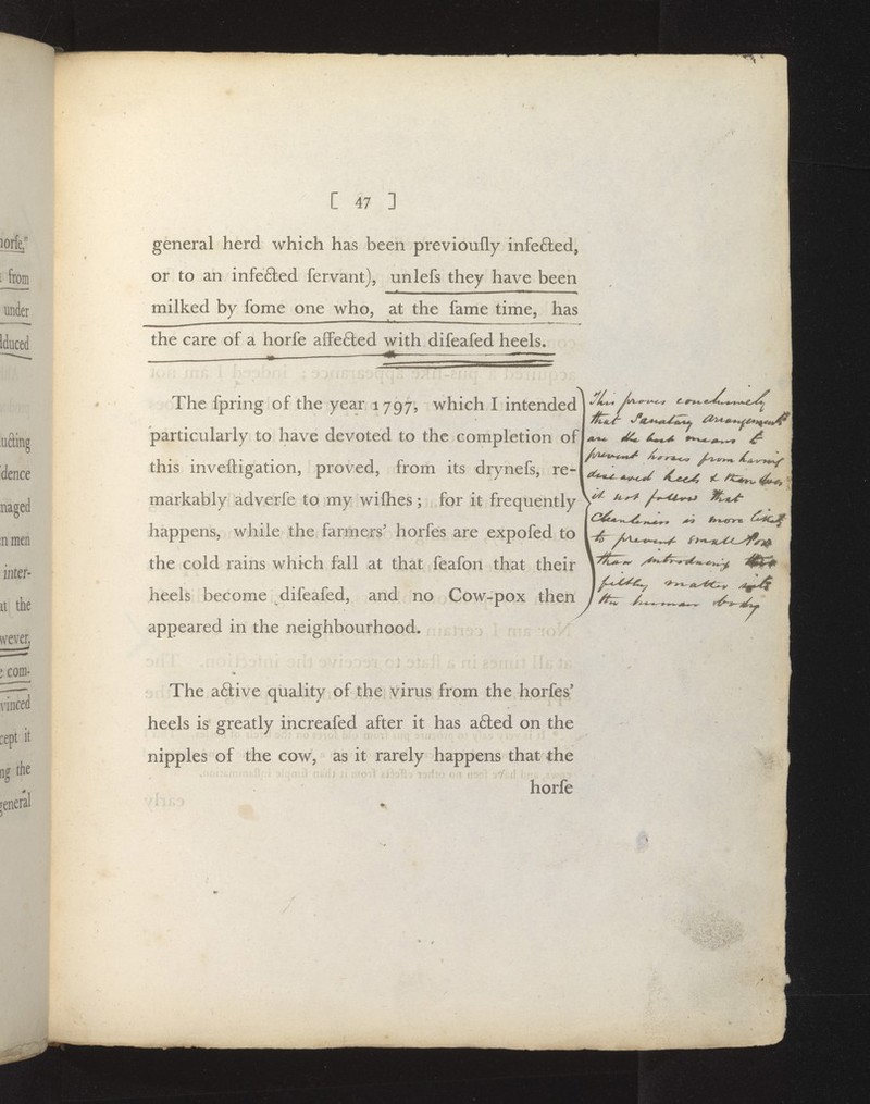 general herd which has been previoufly infefted, or to an infeBed fervant), unlefs they have been milked by fome one who, at the fame time, has the care of a horfe aife6led with difeafed heels. The fpring of the year 1797, which I intended particularly to have devoted to the completion of this inveftigation, proved, from its drynefs, re- markably adverfe to my wifhes; for it frequently happens, while the farmers' horfes are expofed to the cold rains which fall at that feafon that their heels become difeafed, and no Cow-pox then appeared in the neighbourhood. ^ ^tt-»^ The aftive quality of the virus from the horfes' heels is greatly increafed after it has a6led on the nipples of the cow, as it rarely happens that the horfe