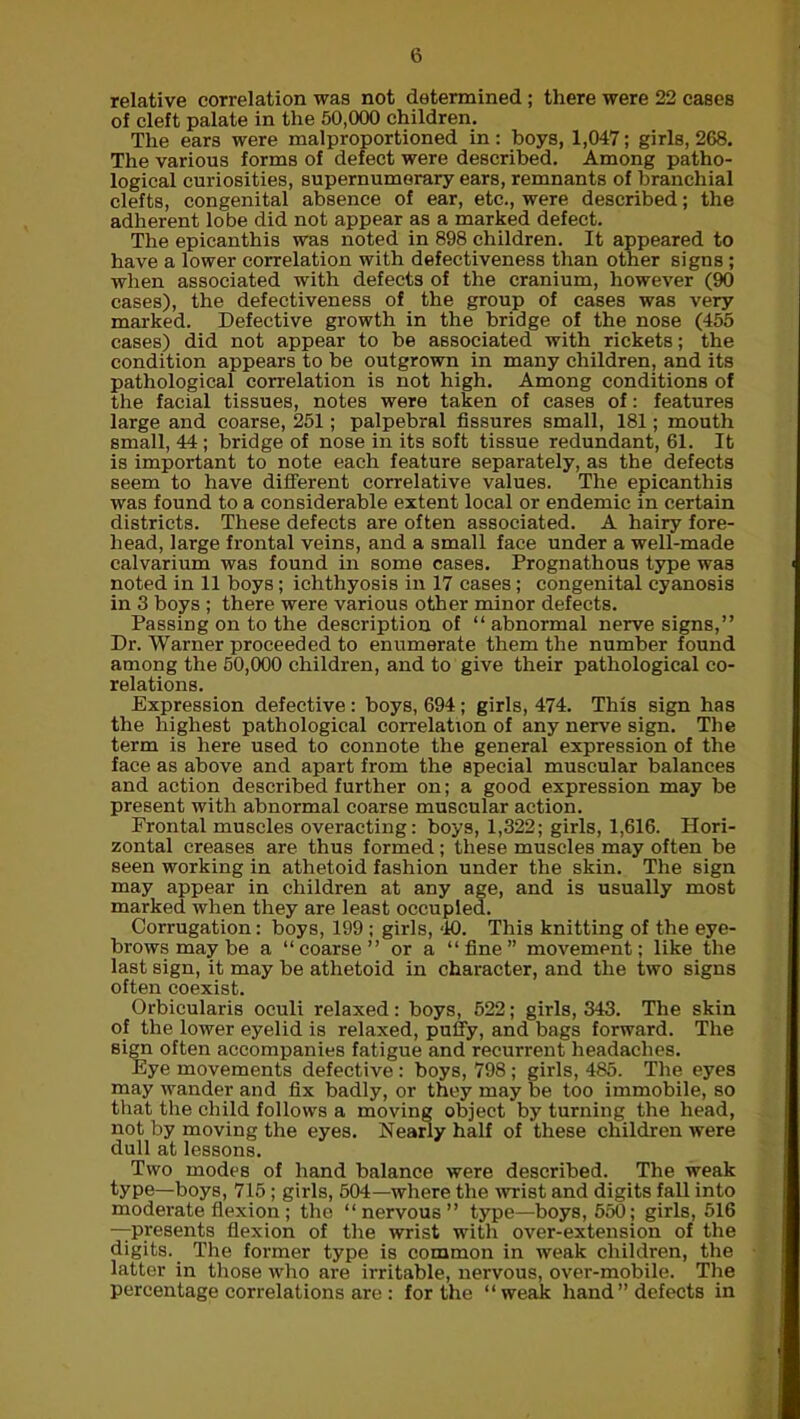 relative correlation was not determined ; there were 22 cases of cleft palate in the 50,000 children. The ears were malproportioned in: boys, 1,047; girls, 268. The various forms of defect were described. Among patho- logical curiosities, supernumerary ears, remnants of branchial clefts, congenital absence of ear, etc., were described; the adherent lobe did not appear as a marked defect. The epicanthis was noted in 898 children. It appeared to have a lower correlation with defectiveness than other signs; when associated with defects of the cranium, however (90 cases), the defectiveness of the group of cases was very marked. Defective growth in the bridge of the nose (455 cases) did not appear to be associated with rickets; the condition appears to be outgrown in many children, and its pathological correlation is not high. Among conditions of the facial tissues, notes were taken of cases of: features large and coarse, 251; palpebral fissures small, 181; mouth small, 44 ; bridge of nose in its soft tissue redundant, 61. It is important to note each feature separately, as the defects seem to have different correlative values. The epicanthis was found to a considerable extent local or endemic in certain districts. These defects are often associated. A hairy fore- head, large frontal veins, and a small face under a well-made calvarium was found in some cases. Prognathous type wa3 noted in 11 boys; ichthyosis in 17 cases; congenital cyanosis in 3 boys ; there were various other minor defects. Passing on to the description of “abnormal nerve signs,” Dr. Warner proceeded to enumerate them the number found among the 50,000 children, and to give their pathological co- relations. Expression defective : boys, 694; girls, 474. This sign has the highest pathological correlation of any nerve sign. The term is here used to connote the general expression of the face as above and apart from the special muscular balances and action described further on; a good expression may be present with abnormal coarse muscular action. Frontal muscles overacting: boys, 1,322; girls, 1,616. Hori- zontal creases are thus formed ; these muscles may often be seen working in athetoid fashion under the skin. The sign may appear in children at any age, and is usually most marked when they are least occupied. Corrugation: boys, 199 ; girls, ‘10. This knitting of the eye- brows may be a “coarse” or a “fine” movement; like the last sign, it may be athetoid in character, and the two signs often coexist. Orbicularis oculi relaxed: boys, 522; girls, 343. The skin of the lower eyelid is relaxed, puffy, and bags forward. The sign often accompanies fatigue and recurrent headaches. Eye movements defective : boys, 798; girls, 485. The eyes may wander and fix badly, or they may be too immobile, so that the child follows a moving object by turning the head, not by moving the eyes. Nearly half of these children were dull at lessons. Two modes of hand balance were described. The weak type—boys, 715; girls, 504—where the wrist and digits fall into moderate flexion; the “nervous” type—boys, 550; girls, 516 —presents flexion of the wrist with over-extension of the digits. The former type is common in weak children, the latter in those who are irritable, nervous, over-mobile. The percentage correlations are : for the “weak hand’’defects in