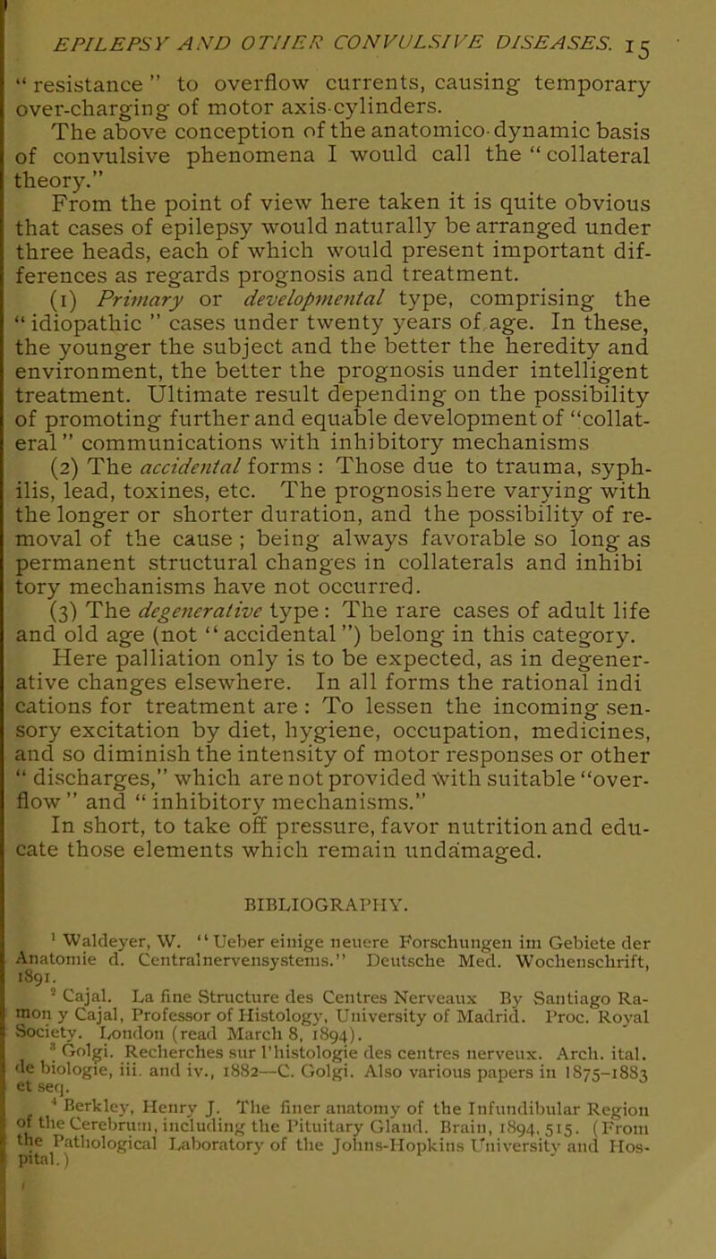“ resistance ” to overflow currents, causing temporary over-charging of motor axis-cylinders. The above conception of the anatomico-dynamic basis of convulsive phenomena I would call the “ collateral theory.” From the point of view here taken it is quite obvious that cases of epilepsy would naturally be arranged under three heads, each of which would present important dif- ferences as regards prognosis and treatment. (1) Primary or developmental type, comprising the “idiopathic ” cases under twenty years of age. In these, the younger the subject and the better the heredity and environment, the better the prognosis under intelligent treatment. Ultimate result depending on the possibility of promoting further and equable development of “collat- eral” communications with inhibitory mechanisms (2) The accidental forms : Those due to trauma, syph- ilis, lead, toxines, etc. The prognosis here varying with the longer or shorter duration, and the possibility of re- moval of the cause ; being always favorable so long as permanent structural changes in collaterals and inhibi tory mechanisms have not occurred. (3) The degenerative type : The rare cases of adult life and old age (not “accidental ”) belong in this category. Here palliation only is to be expected, as in degener- ative changes elsewhere. In all forms the rational indi cations for treatment are : To lessen the incoming sen- sory excitation by diet, hygiene, occupation, medicines, and so diminish the intensity of motor responses or other “ discharges,” which are not provided with suitable “over- flow ” and “ inhibitory mechanisms.” In short, to take off pressure, favor nutrition and edu- cate those elements which remain undamaged. BIBLIOGRAPHY. 1 Waldeyer, W. “ Ueber einige neuere Forschungen im Gebiete der Anatomie d. Centralnervensystems.” Deutsche Med. Wochenschrift, 1891. 2 Cajal. La fine Structure des Centres Nerveaux By Santiago Ra- mon y Cajal, Professor of Histology, University of Madrid. Proc. Royal Society. London (read MarchS, 1894). * Golgi. Recherches sur 1'histologie des centres nerveux. Arch. ital. de biologie, iii. and iv., 1882—C. Golgi. Also various papers in IS75-1883 et seep 4 Berkley, Henry J. The finer anatomy of the Infundibular Region of the Cerebrum, including the Pituitary Gland. Brain, 1894,515. (From the Pathological Laboratory of the Johns-Hopkins University and Hos- pital.)