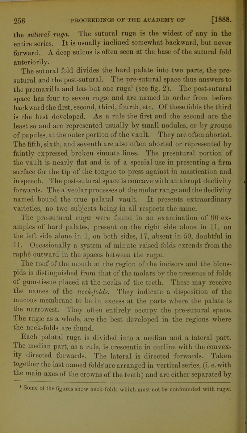 the sutural ruga. The sutural ruga is the widest of any in the entire series. It is usually inclined somewhat backward, but never forward. A deep sulcus is often seen at the base of the sutural fold anteriority. The sutural fold divides the hard palate into two parts, the pre- sutural and the post-sutural. The pre-sutural space thus answers to the premaxilla and has but one ruga1 (.see fig. 2). The post-sutural space has four to seven rugae and are named in order from before backward the first, second, third, fourth, etc. Of these folds the third is the best developed. As a rule the first and the second are the least so and are represented usually by small nodules, or by groups of papules, at the outer portion of the vault. They are often aborted. The fifth, sixth, and seventh are also often aborted or represented by faintly expressed broken sinuate lines. The presutural portion of the vault is nearly flat and is of a special use in presenting a firm surface for the tip of the tongue to press against in mastication and in speech. The post-sutural space is concave with an abrupt declivity forwards. The alveolar processes of the molar range and the declivity named bound the true palatal vault. It presents extraordinary varieties, no two subjects being in all respects the same. The pre-sutural ruga3 were found in an examination of 90 ex- amples of hard palates, present on the right side alone in 11, on the left side alone in 1, on both sides, 17, absent in 50, doubtful in 11. Occasionally a system of minute raised folds extends from the raphe1 outward in the spaces between the rugae. The roof of the mouth at the region of the incisors and the bicus- pids is distinguished from that of the molars by the presence of folds of gum-tissue placed at the necks of the teeth. These may receive the names of the neck-folds. They indicate a disposition of the mucous membrane to be in excess at the parts where the palate is the narrowest. Thev often entirely occupy the pre-sutural space. The rugae as a whole, are the best developed in the regions where the neck-folds are found. Each palatal ruga is divided into a median and a lateral part. The median part, as a rule, is crescentic in outline with the convex- ity directed forwards. The lateral is directed forwards. Taken together the last named folds'are arranged in vertical series, (i. e. with the main axes of the crowns of the teeth) and are either separated by 1 Some of the figures show neck-folds which must not be confounded with rugx.