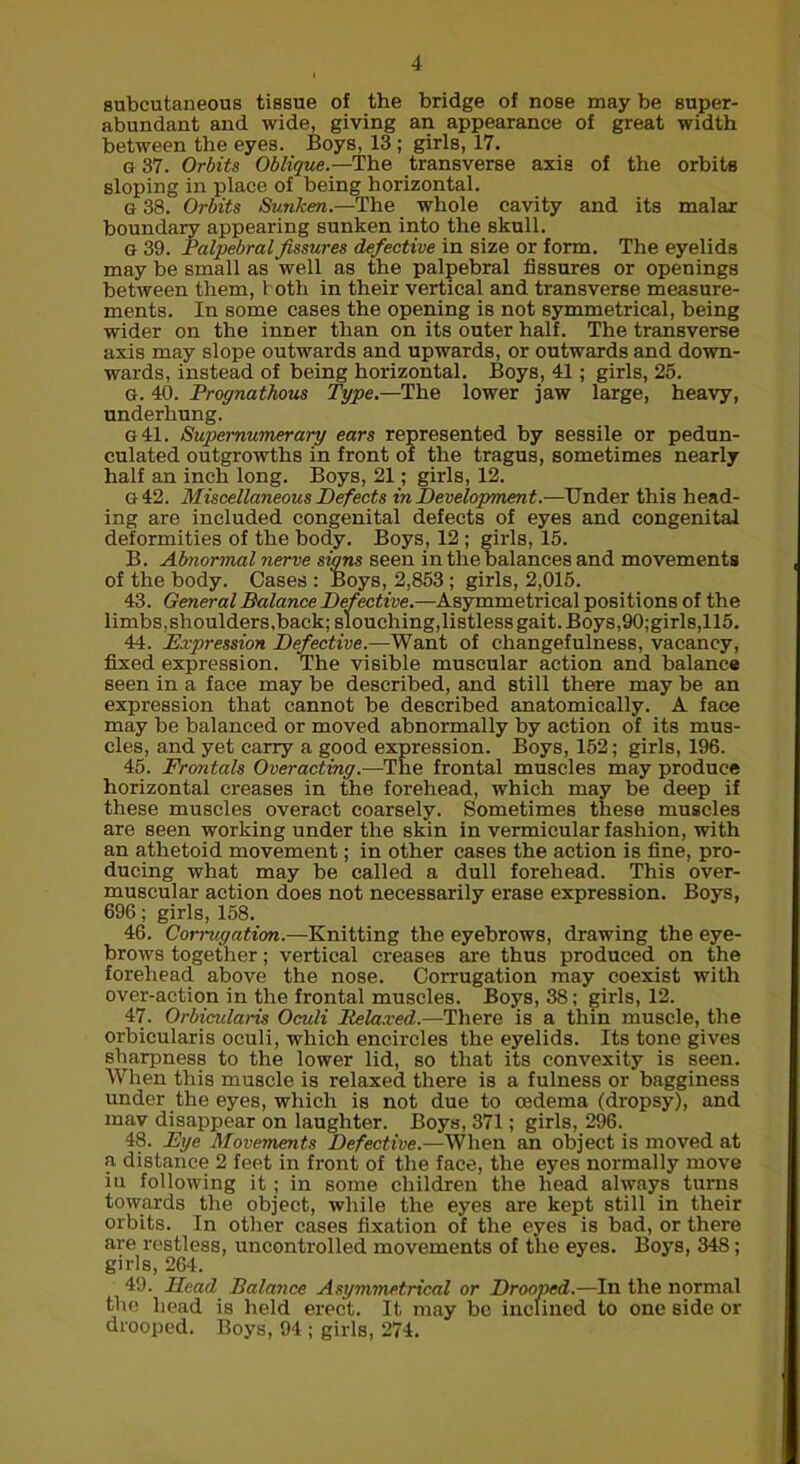 subcutaneous tissue of the bridge of nose may be super- abundant and wide, giving an appearance of great width between the eyes. Boys, 13 ; girls, 17. G 37. Orbits Oblique— The transverse axis of the orbits sloping in place of being horizontal. G 38. Orbits Sunken.—The whole cavity and its malar boundary appearing sunken into the skull. G 39. Palpebralfissures defective in size or form. The eyelids may be small as ‘well as the palpebral fissures or openings between them, both in their vertical and transverse measure- ments. In some cases the opening is not symmetrical, being wider on the inner than on its outer half. The transverse axis may slope outwards and upwards, or outwards and down- wards, instead of being horizontal. Boys, 41; girls, 25. G. 40. Prognathous Type.—The lower jaw large, heavy, underhung. g41. Supernumerary ears represented by sessile or pedun- culated outgrowths in front of the tragus, sometimes nearly half an inch long. Boys, 21; girls, 12. g42. Miscellaneous Defects in Development.—Under this head- ing are included congenital defects of eyes and congenital deformities of the body. Boys, 12; girls, 15. B. Abnormal nerve signs seen in the balances and movements of the body. Oases : Boys, 2,853 ; girls, 2,015. 43. General Balance Defective.—Asymmetrical positions of the limbs,shoulders,back; slouching,listless gait. Boys,90;girls, 115. 44. Expression Defective.—Want of changefulness, vacancy, fixed expression. The visible muscular action and balance seen in a face may be described, and still there may be an expression that cannot be described anatomically. A face may be balanced or moved abnormally by action of its mus- cles, and yet carry a good expression. Boys, 152; girls, 196. 45. Frontals Overacting.—The frontal muscles may produce horizontal creases in the forehead, which may be deep if these muscles overact coarsely. Sometimes these muscles are seen working under the skin in vermicular fashion, with an athetoid movement; in other cases the action is fine, pro- ducing what may be called a dull forehead. This over- muscular action does not necessarily erase expression. Boys, 696; girls, 158. 46. Corrugation.—Knitting the eyebrows, drawing the eye- brows together; vertical creases are thus produced on the forehead above the nose. Corrugation may coexist with over-action in the frontal muscles. Boys, 38; girls, 12. 47. Orbiculai'is Oculi Relaxed.—There is a thin muscle, the orbicularis oculi, which encircles the eyelids. Its tone gives sharpness to the lower lid, so that its convexity is seen. When this muscle is relaxed there is a fulness or bagginess under the eyes, which is not due to oedema (dropsy), and mav disappear on laughter. Boys, 371; girls, 296. 48. Eye Movements Defective.—When an object is moved at a distance 2 feet in front of the face, the eyes normally move iu following it; in some children the head always turns towards the object, while the eyes are kept still in their orbits. In other cases fixation of the eyes is bad, or there are restless, uncontrolled movements of the eyes. Boys, 348; girls, 264. 49. Head Balance Asymmetrical or Drooped.—In the normal the head is held erect. It may be inclined to one side or drooped. Boys, 94 ; girls, 274.