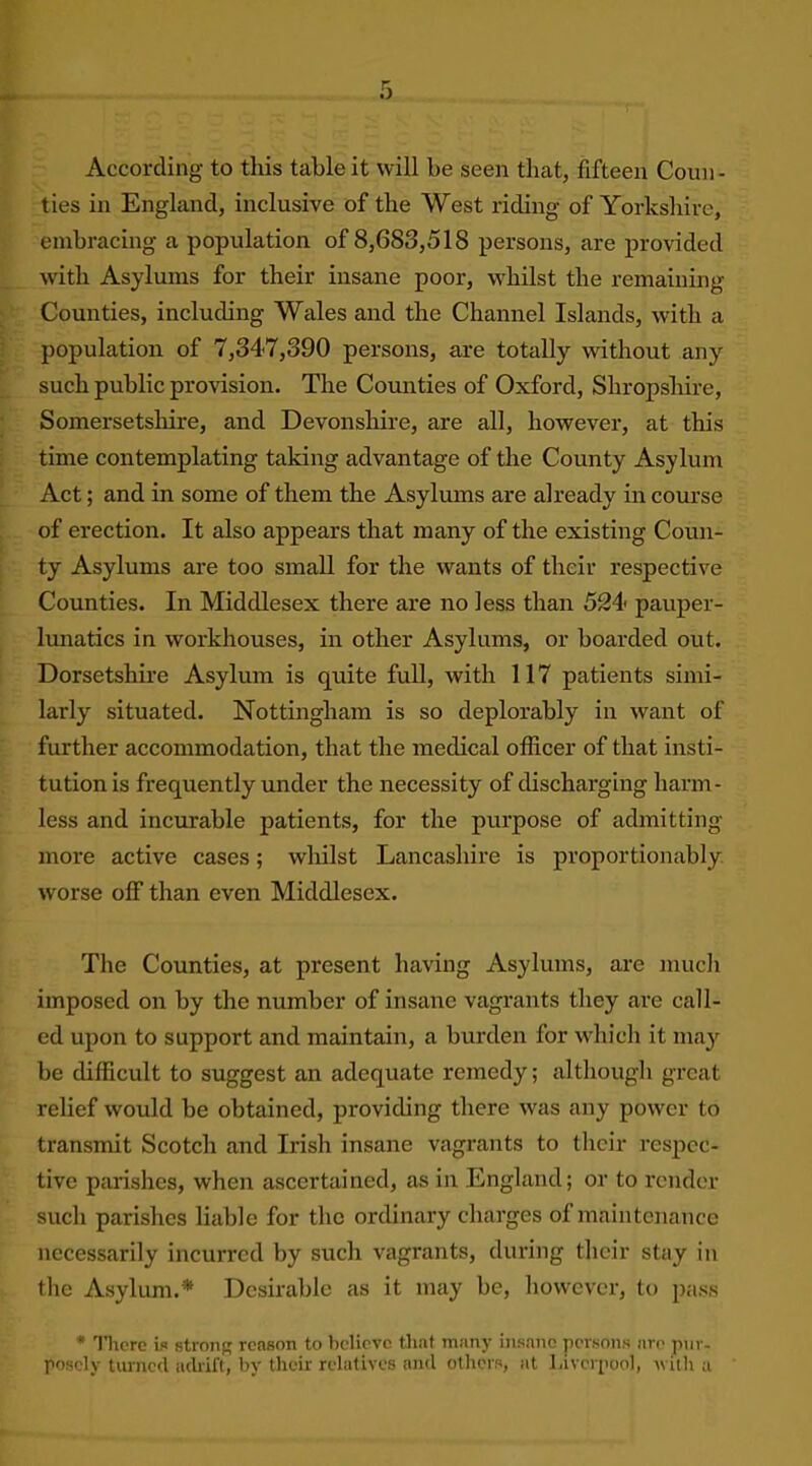 According to this table it will be seen that, fifteen Coun- ties in England, inclusive of the West riding of Yorkshire, embracing a population of 8,683,518 persons, are provided with Asylums for their insane poor, whilst the remaining Counties, including Wales and the Channel Islands, with a population of 7,347,390 persons, are totally without any such public provision. The Counties of Oxford, Shropshire, Somersetshire, and Devonshire, are all, however, at this time contemplating taking advantage of the County Asylum Act; and in some of them the Asylums are already in course of erection. It also appears that many of the existing Coun- ty Asylums are too small for the wants of their respective Counties. In Middlesex there are no less than 524 pauper- lunatics in workhouses, in other Asylums, or boarded out. Dorsetshire Asylum is quite full, with 117 patients simi- larly situated. Nottingham is so deplorably in want of further accommodation, that the medical officer of that insti- tution is frequently under the necessity of discharging harm- less and incurable patients, for the purpose of admitting more active cases; whilst Lancashire is proportionably worse off than even Middlesex. The Counties, at present having Asylums, are much imposed on by the number of insane vagrants they are call- ed upon to support and maintain, a burden for which it may be difficult to suggest an adequate remedy; although great relief would be obtained, providing there was any power to transmit Scotch and Irish insane vagrants to their respec- tive parishes, when ascertained, as in England; or to render such parishes liable for the ordinary charges of maintenance necessarily incurred by such vagrants, during their stay in the Asylum.* Desirable as it may be, however, to pass * There is strong reason to believe that many insane persons are pur- posely turned adrift, by their relatives and others, at Liverpool, with a