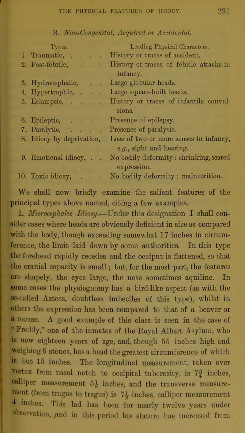 B. Non-Con genital, Acquired or Accidental. Types. 1. Traumatic, . . . 2. Post-febrilo, . . . 3. Hydrocephalic, . . 4. Hypertrophic, . . . 5. Eclampsic, . . . . 6. Epileptic, . . . . 7. Paralytic, . . . . 8. Idiocy by deprivation, 9. Emotional idiocy, . . 10. Toxic idiocy, . . Leading Physical Characters. History or traces of accident. History or traces of febrile attacks in infancy. Large globular heads. Large square-built heads. History or traces of infantile convul- sions. Presence of epilepsy. Presence of paralysis. Loss of two or more senses in infancy, e.g., sight and hearing. No bodily deformity : shrinking, scared expression. No bodily deformity : malnutrition. We shall now briefly examine the salient features of the principal types above named, citing a few examples. 1. Microcephalic Idiocy.—Under this designation I shall con- sider cases where heads are obviously deficient in size as compared with the body, though exceeding somewhat 17 inches in circum- ference, the limit laid down by some authorities. In this type the forehead rapidly recedes and the occiput is flattened, so that the cranial capacity is small; but, for the most part, the features are shapely, the eyes large, the nose sometimes aquiline. In some cases the physiognomy has a bird-like aspect (as with the so-called Aztecs, doubtless imbeciles of this type), whilst in others the expression has been compared to that of a beaver or a mouse. A good example of this class is seen in the case of “ Freddy,” one of the inmates of the Eoyal Albert Asylum, who is now eighteen years of age, and, though 55 inches high and weighing 6 stones, has a head the greatest circumference of which is but 15 inches. The longitudinal measurement, taken over vertex from nasal notch to occipital tuberosity, is 7$ inches, calliper measurement 5£ inches, and the transverse measure- ment (from tragus to tragus) is 7£ inches, calliper measurement I inches. This lad has been for nearly twelve years under observation, .and in this period his stature lias increased from