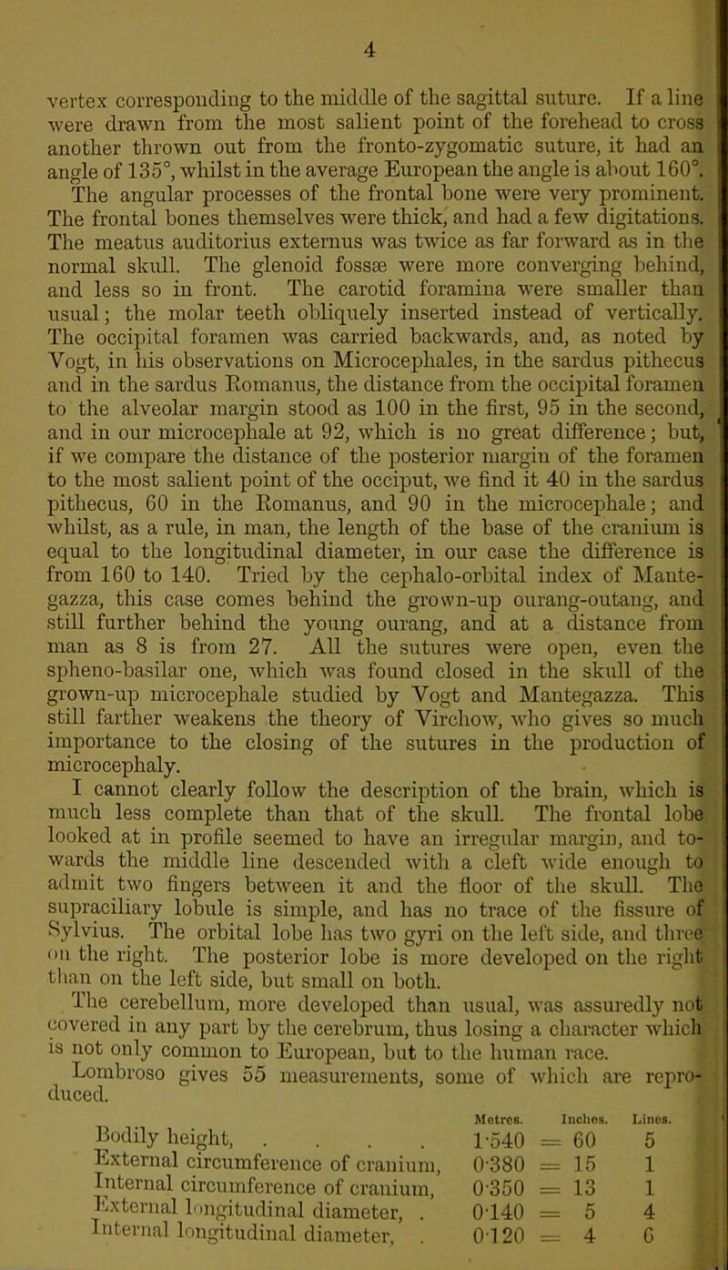 vertex corresponding to the middle of the sagittal suture. If a line were drawn from the most salient point of the forehead to cross another thrown out from the fronto-zygomatic suture, it had an angle of 135°, whilst in the average European the angle is about 160°. The angular processes of the frontal hone were very prominent. The frontal bones themselves were thick, and had a few digitations. The meatus auditorius externus was twice as far forward as in the normal skull. The glenoid fossae were more converging behind, and less so in front. The carotid foramina were smaller than usual; the molar teeth obliquely inserted instead of vertically. The occipital foramen was carried backwards, and, as noted by Vogt, in his observations on Microcephales, in the sardus pithecus and in the sardus Romanus, the distance from the occipital foramen to the alveolar margin stood as 100 in the first, 95 in the second, and in our microcephale at 92, which is no great difference; but, if we compare the distance of the posterior margin of the foramen to the most salient point of the occiput, we find it 40 in the sardus pithecus, 60 in the Romanus, and 90 in the microcephale; and whilst, as a rule, in man, the length of the base of the cranium is equal to the longitudinal diameter, in our case the difference is from 160 to 140. Tried by the cephalo-orbital index of Mante- gazza, this case comes behind the grown-up ourang-outang, and still further behind the young ourang, and at a distance from man as 8 is from 27. All the sutures were open, even the spheno-basilar one, which was found closed in the skull of the grown-up microcephale studied by Vogt and Mantegazza. This still farther weakens the theory of Virchow, who gives so much importance to the closing of the sutures in the production of microcephaly. I cannot clearly follow the description of the brain, which is much less complete than that of the skull. The frontal lobe looked at in profile seemed to have an irregular margin, and to- wards the middle line descended with a cleft wide enough to admit two fingers between it and the floor of the skull. The supraciliary lobule is simple, and has no trace of the fissure of Sylvius. The orbital lobe has two gyri on the left side, and three on the right. The posterior lobe is more developed on the right than on the left side, but small on both. The cerebellum, more developed than usual, was assuredly not covered in any part by the cerebrum, thus losing a character which is not only common to European, but to the human race. Lombroso gives 55 measurements, some of which are repro- duced. Bodily height, .... External circumference of cranium, Internal circumference of cranium, External longitudinal diameter, . Internal longitudinal diameter, Metres. Inches. Lines. 1-540 = 60 5 0-380 = 15 1 0-350 = 13 1 0-140 =5 4 0-120 =4 6