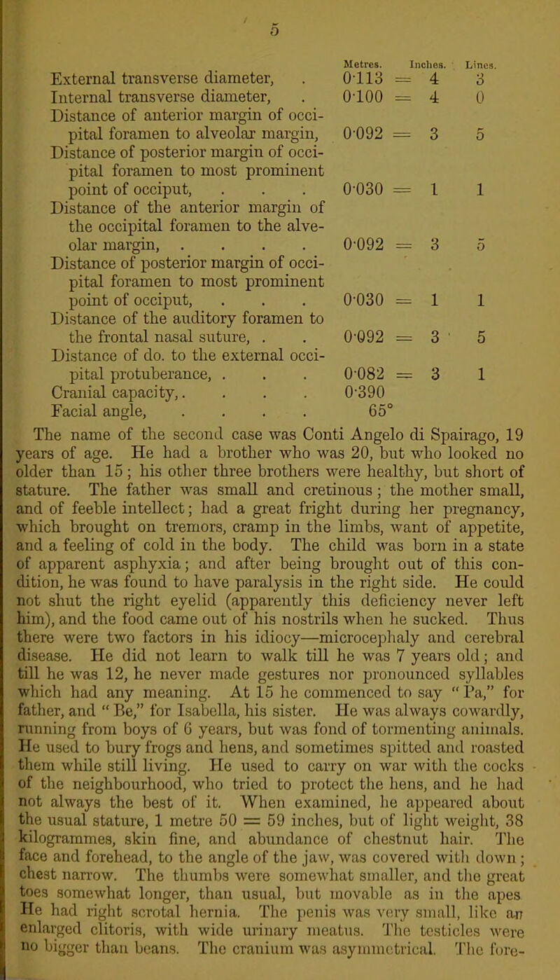 Metres. 0113 0100 Inches. = 4 = 4 Lines. 3 0 0-092 0-092 = 3 0-030 = 1 0-092 = 3 External transverse diameter, Internal transverse diameter, Distance of anterior margin of occi- pital foramen to alveolar margin, Distance of posterior margin of occi- pital foramen to most prominent point of occiput, . . . 0’030 = 1 1 Distance of the anterior margin of the occipital foramen to the alve- olar margin, .... Distance of posterior margin of occi- pital foramen to most prominent point of occiput, Distance of the auditory foramen to the frontal nasal suture, . Distance of do. to the external occi- pital protuberance, . . . 0'082 = 3 1 Cranial capacity,.... 0-390 Facial angle, .... 65° The name of the second case was Conti Angelo di Spairago, 19 years of age. He had a brother who was 20, but who looked no older than 15; his other three brothers were healthy, but short of stature. The father was small and cretinous; the mother small, and of feeble intellect; had a great fright during her pregnancy, which brought on tremors, cramp in the limbs, want of appetite, and a feeling of cold in the body. The child was born in a state of apparent asphyxia; and after being brought out of this con- dition, he was found to have paralysis in the right side. He could not shut the right eyelid (apparently this deficiency never left him), and the food came out of his nostrils when he sucked. Thus there were two factors in his idiocy—microcephaly and cerebral disease. He did not learn to walk till he was 7 years old; and till he was 12, he never made gestures nor pronounced syllables which had any meaning. At 15 he commenced to say “ Pa,” for father, and “ Be,” for Isabella, his sister. He was always cowardly, running from boys of 6 years, but was fond of tormenting animals. He used to bury frogs and hens, and sometimes spitted and roasted them while still living. He used to carry on war with the cocks of the neighbourhood, who tried to protect the hens, and he had not always the best of it. When examined, he appeared about the usual stature, 1 metre 50 = 59 inches, but of light weight, 38 kilogrammes, skin fine, and abundance of chestnut hair. The face and forehead, to the angle of the jaw, was covered with down ; chest narrow. The thumbs were somewhat smaller, and the great toes somewhat longer, than usual, but movable as in the apes He had right scrotal hernia. The penis was very small, like an enlarged clitoris, with wide urinary meatus. The testicles were no digger than beans. The cranium was asymmetrical. The fore-