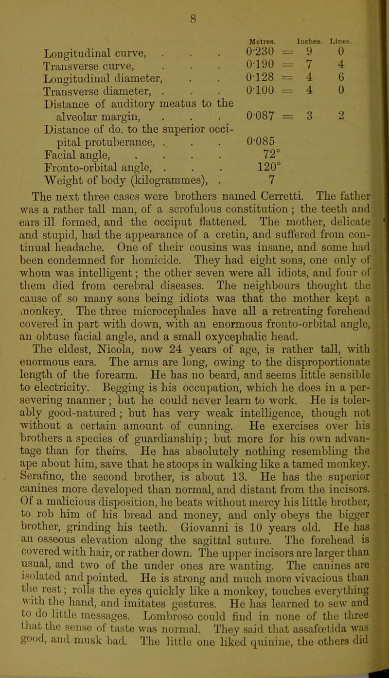 Metres. Inches. Lines. Longitudinal curve, Transverse curve, Longitudinal diameter, Transverse diameter, . Distance of auditory meatus to the alveolar margin, Distance of do. to the superior occi- pital protuberance, . Facial angle, .... Fronto-orbital angle, . Weight of body (kilogrammes), . 0-230 - 0-190 = 0-128 - 0-100 - 0087 = 0-085 72° 120° 7 9 7 4 4 3 0 4 6 0 2 The next three cases were brothers named Cerretti. The father was a rather tall man, of a scrofulous constitution ; the teeth and ears ill formed, and the occiput flattened. The mother, delicate V and stupid, had the appearance of a cretin, and suffered from con- tinual headache. One of their cousins was insane, and some had •, been condemned for homicide. They had eight sons, one only of , whom was intelligent; the other seven were all idiots, and four of ' them died from cerebral diseases. The neighbours thought the || cause of so many sons being idiots was that the mother kept a monkey. The three microcephales have all a retreating forehead ' covered in part with down, with an enormous fronto-orbital angle, . an obtuse facial angle, and a small oxycephalic head. The eldest, Nicola, now 24 years of age, is rather tall, with enormous ears. The arms are long, owing to the disproportionate ’ length of the forearm. He has no beard, and seems little sensible to electricity. Begging is his occupation, which he does in a per- severing manner ; but he could never learn to work. He is toler- ably good-natured ; but has very weak intelligence, though not 1 without a certain amount of cunning. He exercises over his . brothers a species of guardianship; but more for his own advan- tage than for theirs. He has absolutely nothing resembling the ape about him, save that he stoops in walking like a tamed monkey. Serafino, the second brother, is about 13. He has the superior canines more developed than normal, and distant from the incisors. Of a malicious disposition, he beats without mercy his little brother, to rob him of his bread and money, and only obeys the bigger \ brother, grinding his teeth. Giovanni is 10 years old. He has an osseous elevation along the sagittal suture. The forehead is covered with hair, or rather down. The upper incisors are larger than usual, and two of the under ones are wanting. The canines are isolated and pointed. He is strong and much more vivacious than the rest; rolls the eyes quickly like a monkey, touches everything with the hand, and imitates gestures. He has learned to sew and to do little messages. Lombroso could find in none of the three that the sense of taste was normal. They said that assafoetida was good, and musk bad The little one liked quinine, the others did