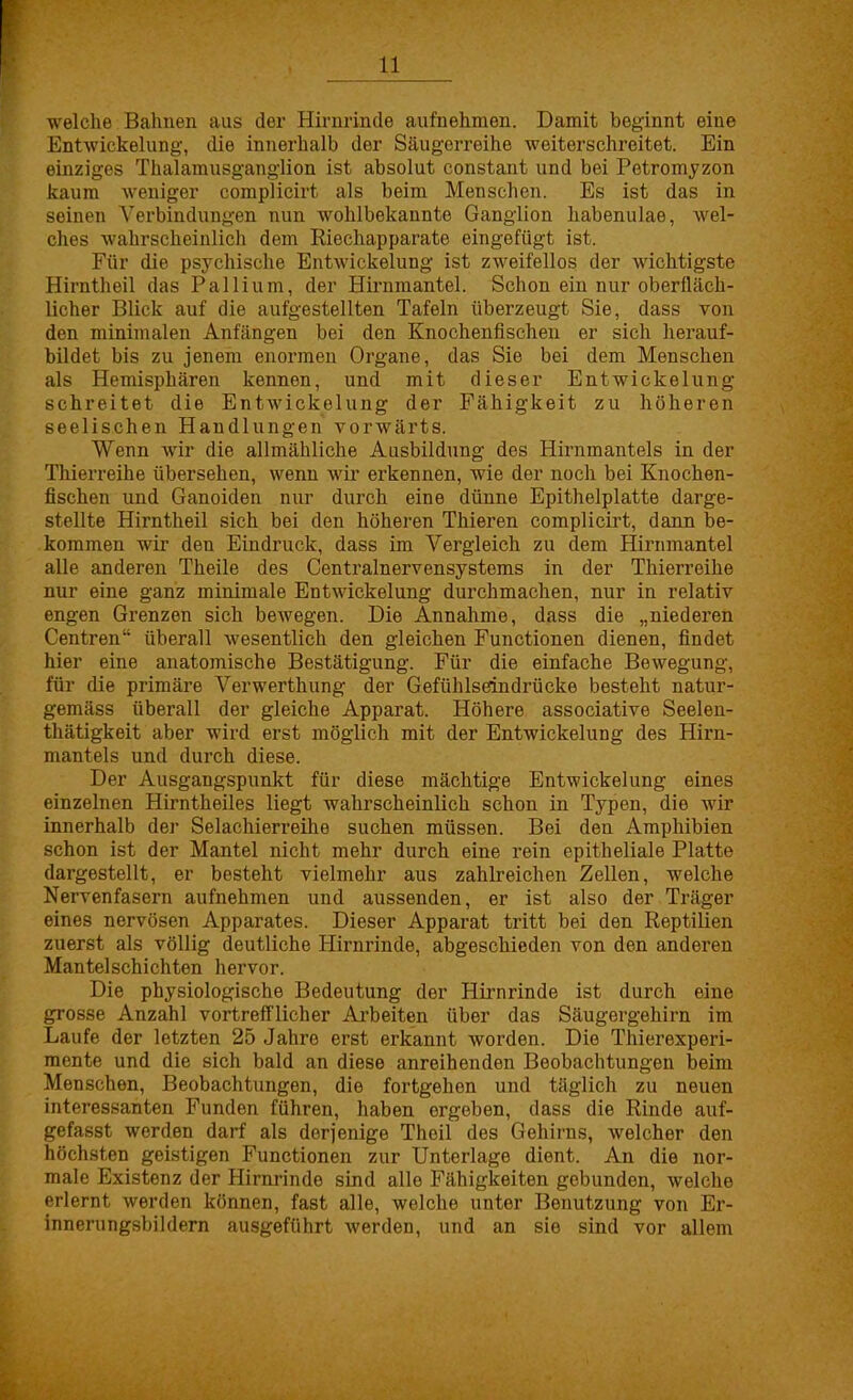 welche Bahnen aus der Hirnrinde aufnehmen. Damit beginnt eine EntWickelung, die innerhalb der Säugerreihe weiterschreitet. Ein einziges Thalamusganglion ist absolut constant und bei Petromyzon kaum weniger complicirt als beim Mensehen. Es ist das in seinen Verbindungen nun wohlbekannte Ganglion habenulae, wel- ches wahrscheinlich dem Riechapparate eingefügt ist. Für die psychische Entwickelung ist zweifellos der wichtigste Hirntheil das Pallium, der Hiriimantel. Schon ein nur oberfläch- licher Blick auf die aufgestellten Tafeln überzeugt Sie, dass von den minimalen Anfängen bei den Knochenfischen er sich herauf- bildet bis zu jenem enormen Organe, das Sie bei dem Menschen als Hemisphären kennen, und mit dieser Entwickelung schreitet die Entwickelung der Fähigkeit zu höheren seelischen Handlungen vorwärts. Wenn wir die allmähliche Ausbildung des Hirnmantels in der Thierreihe übersehen, wenn wir ez'kennen, wie der noch bei Knochen- fischen und Ganoiden nur durch eine dünne Epithelplatte darge- stellte Hirntheil sich bei den höheren Thieren complicirt, dann be- kommen wir den Eindruck, dass im Vergleich zu dem Hirnmantel alle anderen Theile des Centrainervensystems in der Thierreihe nur eine ganz minimale Entwickelung durchmachen, nur in relativ engen Grenzen sich bewegen. Die Annahme, dass die „niederen Centren überall wesentlich den gleichen Functionen dienen, findet hier eine anatomische Bestätigung. Für die einfache Bewegung, für die primäre Verwerthung der Gefühlseindrücke besteht natur- gemäss überall der gleiche Apparat. Höhere associative Seelen- thätigkeit aber wird erst möglich mit der Entwickelung des Hirn- mantels und durch diese. Der Ausgangspunkt für diese mächtige Entwickelung eines einzelnen Hirntheiles liegt wahrscheinlich schon in Typen, die wir innerhalb der Selachierreihe suchen müssen. Bei den Amphibien schon ist der Mantel nicht mehr durch eine rein epitheliale Platte dargestellt, er besteht vielmehr aus zahlreichen Zellen, welche Nervenfasern aufnehmen und aussenden, er ist also der Träger eines nervösen Apparates. Dieser Apparat tritt bei den Reptilien zuerst als völlig deutliche Hirnrinde, abgeschieden von den anderen Mantelschichten hervor. Die physiologische Bedeutung der Hirnrinde ist durch eine grosse Anzahl vortrefflicher Arbeiten über das Säugergehirn im Laufe der letzten 25 Jahre erst erkannt worden. Die Thierexperi- mente und die sich bald an diese anreihenden Beobachtungen beim Menschen, Beobachtungen, die fortgehen und täglich zu neuen interessanten Funden führen, haben ergeben, dass die Rinde auf- gefasst werden darf als derjenige Theil des Gehirns, welcher den höchsten geistigen Functionen zur Unterlage dient. An die nor- male Existenz der Hirnrinde sind alle Fähigkeiten gebunden, welche erlernt werden können, fast alle, welche unter Benutzung von Er- innerungsbildern ausgeführt werden, und an sie sind vor allem