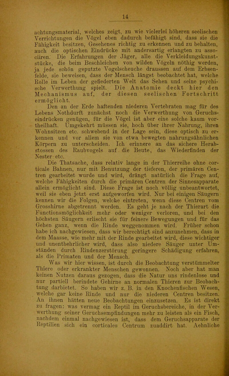 achtungsmaterial, welches zeigt, zu wie vielerlei höheren seelischen Verrichtungen die Vögel eben dadurch befähigt sind, dass sie die Fähigkeit besitzen, Gesehenes richtig zu erkennen und zu behalten, auch die optischen Eindrücke mit andersartig erlangten zu asso- ciiren. Die Erfahrungen der Jäger, alle die Verkleidungskunst- stücke, die beim Beschleichen von wilden Vögeln nöthig werden, ja jede schön geputzte Vogelscheuche draussen auf dem Erbsen- felde, sie beweisen, dass der Mensch längst beobachtet hat, welche Rolle im Leben der gefiederten Welt das Sehen und seine psychi- sche Verwerthung spielt. Die Anatomie deckt hier den Mechanismus auf, der diesen seelischen Fortschritt ermöglicht. Den an der Erde haftenden niederen Vertebraten mag für des Lebens Nothdurft zunächst noch die Verwerthung von Geruchs- eindrücken genügen, für die Vögel ist aber eine solche kaum vor- theilhaft. Umgekehrt müssen sie, hoch über ihrer Nahrung, ihren Wohnsitzen etc. schwebend in der Lage sein, diese optisch zu er- kennen und vor allem sie von etwa bewegten nahrungsähnlichen Körpern zu unterscheiden. Ich erinnere an das sichere Herab- stossen des Raubvogels auf die Beute, das Wiederfinden der Nester etc. Die Thatsache, dass relativ lange in der Thierreihe ohne cor- ticale Bahnen, nur mit Benutzung der tieferen, der primären Cen- tren gearbeitet wurde und wird, drängt natürlich die Frage auf, welche Fähigkeiten durch die primären Centren der Sinnesapparate allein ermöglicht sind. Diese Frage ist noch völlig unbeantwortet, weil sie eben jetzt erst aufgeworfen wird. Nur bei einigen Säugern kennen wir die Folgen, welche eintreten, wenn diese Centren vom Grosshirne abgetrennt werden. Es geht je nach der Thierart die Functionsmöglichkeit mehr oder weniger verloren, und bei den höchsten Säugern erlischt sie für feinere Bewegungen und für das Gehen ganz, wenn die Rinde weggenommen wird. Früher schon habe ich nachgewiesen, dass wir berechtigt sind anzunehmen, dass in dem Maasse, wie mehr mit der Rinde gearbeitet wird, diese wichtiger und unentbehrlicher wird, dass also niedere Säuger unter Um- ständen durch Rindenzerstörung geringere Schädigung erfahren, als die Primaten und der Mensch. Was wir hier wissen, ist durch die Beobachtung verstümmelter Thiere oder erkrankter Menschen gewonnen. Noch aber hat man keinen Nutzen daraus gezogen, dass die Natur uns rindenlose und nur partiell berindete Gehirne an normalen Thieren zur Beobach- tung .darbietet. So haben wir z. B. in den Knocheufischen Wesen, welche gar keine Rinde und nur die niederen Centren besitzen. An ihnen hätten neue Beobachtungen einzusetzen. Es ist direkt zu fragen: was vermag ein Reptil im Geruchsbereiche, in der Ver- werthung seiner Geruchsempfindungen mehr zu leisten als ein Fisch, nachdem einmal nachgewiesen ist, dass dem Geruchsapparate der Reptilien sich ein corticales Centrum zuaddirt hat. Aehnliche