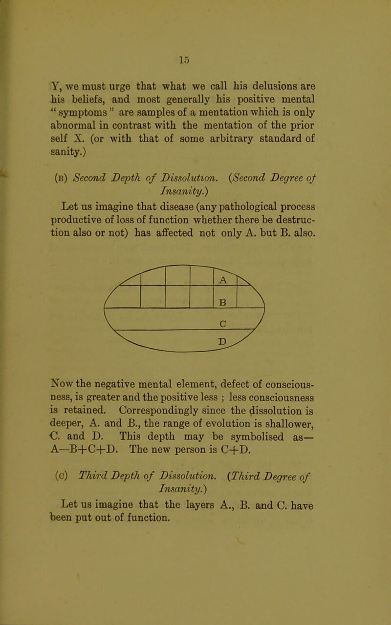 Y, we must urge that what we call his delusions are his beliefs, and most generally his positive mental “ symptoms ” are samples of a mentation which is only abnormal in contrast with the mentation of the prior self X. (or with that of some arbitrary standard of sanity.) (b) Second Depth of Dissolution. (Second Degree of Insanity.) Let us imagine that disease (any pathological process productive of loss of function whether there be destruc- tion also or not) has affected not only A. but B. also. Now the negative mental element, defect of conscious- ness, is greater and the positive less ; less consciousness is retained. Correspondingly since the dissolution is deeper, A. and B., the range of evolution is shallower, C. and D. This depth may be symbolised as— A—B+C-j-D. The new person is C-f- D. (c) Third Depth of Dissolution. (Third Degree of Insanity.) Let us imagine that the layers A., B. and C. have been put out of function.