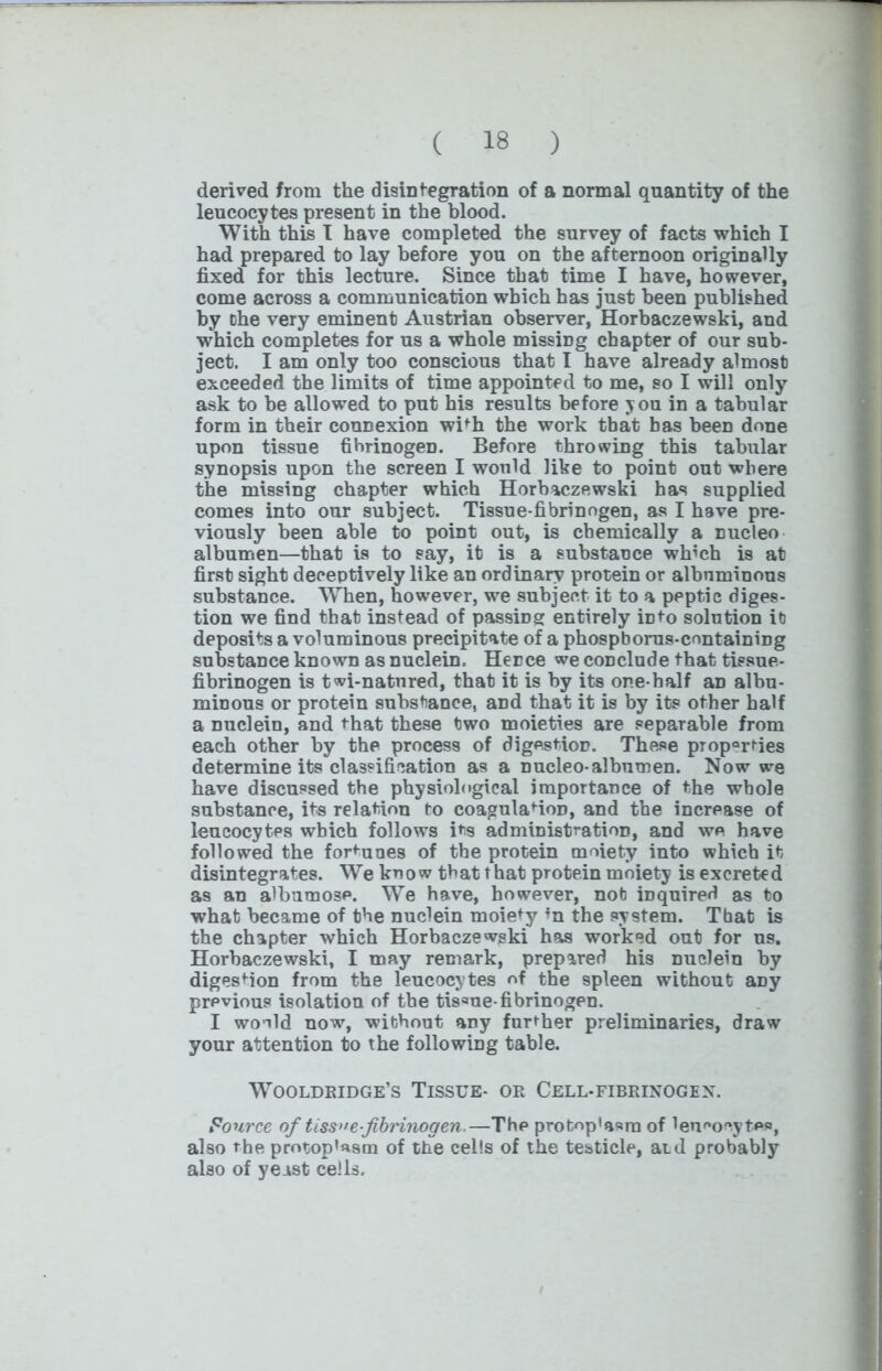 derived from the disintegration of a normal quantity of the leucocytes present in the blood. With this I have completed the survey of facts which I had prepared to lay before you on the afternoon originally fixed for this lecture. Since that time I have, however, come across a communication which has just been published by the very eminent Austrian observer, Horbaczewski, and which completes for us a whole missing chapter of our sub- ject. I am only too conscious that I have already almost exceeded the limits of time appointed to me, so I will only ask to be allowed to put his results before you in a tabular form in their connexion with the work that has been done upon tissue fibrinogen. Before throwing this tabular synopsis upon the screen I would like to point out where the missing chapter which Horbaczewski has supplied comes into our subject. Tissue-fibrinogen, as I have pre- viously been able to point out, is chemically a nucleo albumen—that is to say, it is a substance which is at first sight deceptively like an ordinary protein or albuminous substance. When, however, we subject it to a peptic diges- tion we find that instead of passing entirely iEto solution it deposits a voluminous precipitate of a phospborus-containing substance known as nuclein. Hence we conclude that tissue- fibrinogen is twi-natured, that it is by its one-half an albu- minous or protein substance, and that it is by its other half a nuclein, and that these two moieties are separable from each other by the process of digestion. These pTop°rries determine its classification as a nucleo-albumen. Now we have discussed the physiological importance of the whole substance, its relation to coagulation, and the increase of leucocytes which follows its administration, and we have followed the fortunes of the protein moiety into which it disintegrates. We know that that protein moiety is excreted as an albumose. We have, however, not inquired as to what became of the nuclein moiety m the system. That is the chapter which Horbaczewski has worked out for us. Horbaczewski, I may remark, prepared his nuclein by digestion from the leucocytes of the spleen without any previous isolation of the tissue-fibrinogen. I wonld now, without any further preliminaries, draw your attention to the following table. Wooldeidge’s Tissue- oe Cell-fibeinogen. Fource of tissue-fibrinogen.—The protop'asm of leucocytes, also the protop^sm of the cells of the testicle, atd probably also of yeast cells.
