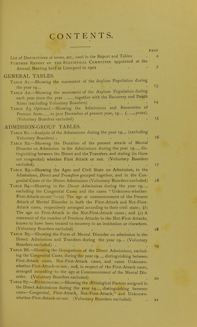 CONTENTS. List of Definitions of terms, etc., used in the Report and Tables Further Report ok the Statistical Committee appointed at the Annual Meeting held at Liverpool in 1902 GENERAL TABLES. Table Ai.—Showing the movement of the Asylum Population during the year 19... . . • • ‘ Table A2.—Showing the movement of the Asylum Population during each year since the year together with the Recovery and Death Rates (excluding Voluntary Boarders) . Table A3. Optional — Showing the Admissions and Recoveries of Persons from to 31st December of present year, 19... ( years). (Voluntary Boarders excluded) • ADMISSION-GROUP TABLES. Table Bi.—Analysis of the Admissions during the year 19... (excluding Voluntary Boarders) ..•••• Table B2.—Showing the Duration of the present attack of Mental Disorder on Admission in the Admissions during the year 19..., dis- tinguishing between the Direct and the Transfers, and stating (in those not congenital) whether First Attack or not. (Voluntary Boarders excluded) ....... Table B3.—Showing the Ages and Civil State on Admission, in the Admissions, Direct and Transfers grouped together, and in the Con- genital Cases of the Direct Admissions (Voluntary Boarders excluded) Table B4.—Showing in the Direct Admissions during the year 19..., excluding the Congenital Cases and the cases “ Unknown-whether- First-Attack-or-not ”—(a) The age at commencement of the Present Attack of Mental Disorder in both the First-Attack and Not-First- Attack cases, respectively arranged according to their civil state ; (b) The age on First-Attack in the Not-First-Attack cases; and (c) A statement of the number of Previous Attacks in the Not-First-Attacks, known to have been treated to recovery in an institution or elsewhere. (Voluntary Boarders excluded) . Table B5.—Showing the Form of Mental Disorder on admission in the Direct Admissions and Transfers during the year 19... (Voluntary Boarders excluded) ..... Table B6.—-Showing the Occupations of the Direct Admissions, exclud- ing the Congenital Cases, during the year 19..., distinguishing between First-Attack cases, Not-First-Attack cases, and cases Unknown- whether-First-Attack-or-not; and, in respect of the First-Attack cases, arranged according to the age at Commencement of the Mental Dis- order. (Voluntary Boarders excluded) Table B7. Etiological.—Showing the Etiological Factors assigned in the Direct Admissions during the year 19..., distinguishing between cases-Congenital, First-Attack, Not-First-Attack,” and Unknown- whether-h irst-Attack-or-not. (Voluntary Boarders excluded) PAGE 4 5 id 14 15 16 17 18 18 19 20 21