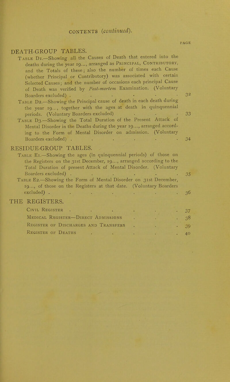 DEATH-GROUP TABLES. Table Di.—Showing all the Causes of Death that entered into the deaths during the year 19..., arranged as Principal, Contributory, and the Totals of these; also the number of times each Cause (whether Principal or Contributory) was associated with certain Selected Causes; and the number of occasions each principal Cause of Death was verified by Post-mortem Examination. (Voluntary Boarders excluded) . • Table D2.—Showing the Principal cause of death in each death during the year 19..., together with the ages at death in quinquennial periods. (Voluntary Boarders excluded) Table D3.—Showing the Total Duration of the Present Attack of Mental Disorder in the Deaths during the year 19..., arranged accord- ing to the Form of Mental Disorder on admission. (Voluntary Boarders excluded) ...... RESIDUE-GROUP TABLES. Table Ei.—Showing the ages (in quinquennial periods) of those on the Registers on the 31st December, 19..., arranged according to the Total Duration of present Attack of Mental Disorder. (Voluntary Boarders excluded) ...... Table E2.—Showing the Form of Mental Disorder on 31st December, 19..., of those on the Registers at that date. (Voluntary Boarders excluded) ....... THE REGISTERS. Civil Register ...... Medical Register—Direct Admissions Register of Discharges and Transfers Register of Deaths .... PAGE 32 33 34 35 36 37 38 39 40