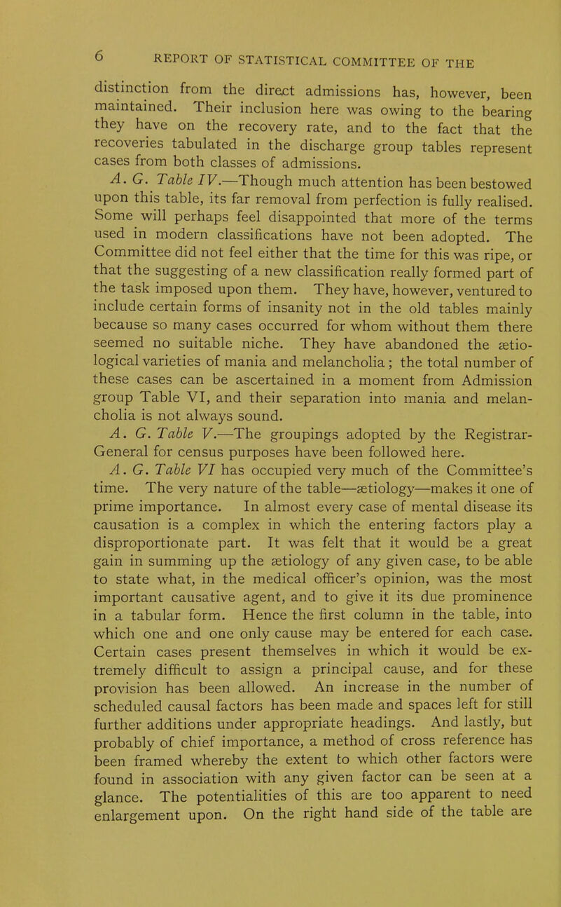 distinction from the direct admissions has, however, been maintained. Their inclusion here was owing to the bearing they have on the recovery rate, and to the fact that the recoveries tabulated in the discharge group tables represent cases from both classes of admissions. A. G. Tabic IV.—Though much attention has been bestowed upon this table, its far removal from perfection is fully realised. Some will perhaps feel disappointed that more of the terms used in modern classifications have not been adopted. The Committee did not feel either that the time for this was ripe, or that the suggesting of a new classification really formed part of the task imposed upon them. They have, however, ventured to include certain forms of insanity not in the old tables mainly because so many cases occurred for whom without them there seemed no suitable niche. They have abandoned the setio- logical varieties of mania and melancholia ; the total number of these cases can be ascertained in a moment from Admission group Table VI, and their separation into mania and melan- cholia is not always sound. A. G. Table V.—The groupings adopted by the Registrar- General for census purposes have been followed here. A. G. Table VI has occupied very much of the Committee’s time. The very nature of the table—aetiology—makes it one of prime importance. In almost every case of mental disease its causation is a complex in which the entering factors play a disproportionate part. It was felt that it would be a great gain in summing up the aetiology of any given case, to be able to state what, in the medical officer’s opinion, was the most important causative agent, and to give it its due prominence in a tabular form. Hence the first column in the table, into which one and one only cause may be entered for each case. Certain cases present themselves in which it would be ex- tremely difficult to assign a principal cause, and for these provision has been allowed. An increase in the number of scheduled causal factors has been made and spaces left for still further additions under appropriate headings. And lastly, but probably of chief importance, a method of cross reference has been framed whereby the extent to which other factors were found in association with any given factor can be seen at a glance. The potentialities of this are too apparent to need enlargement upon. On the right hand side of the table are