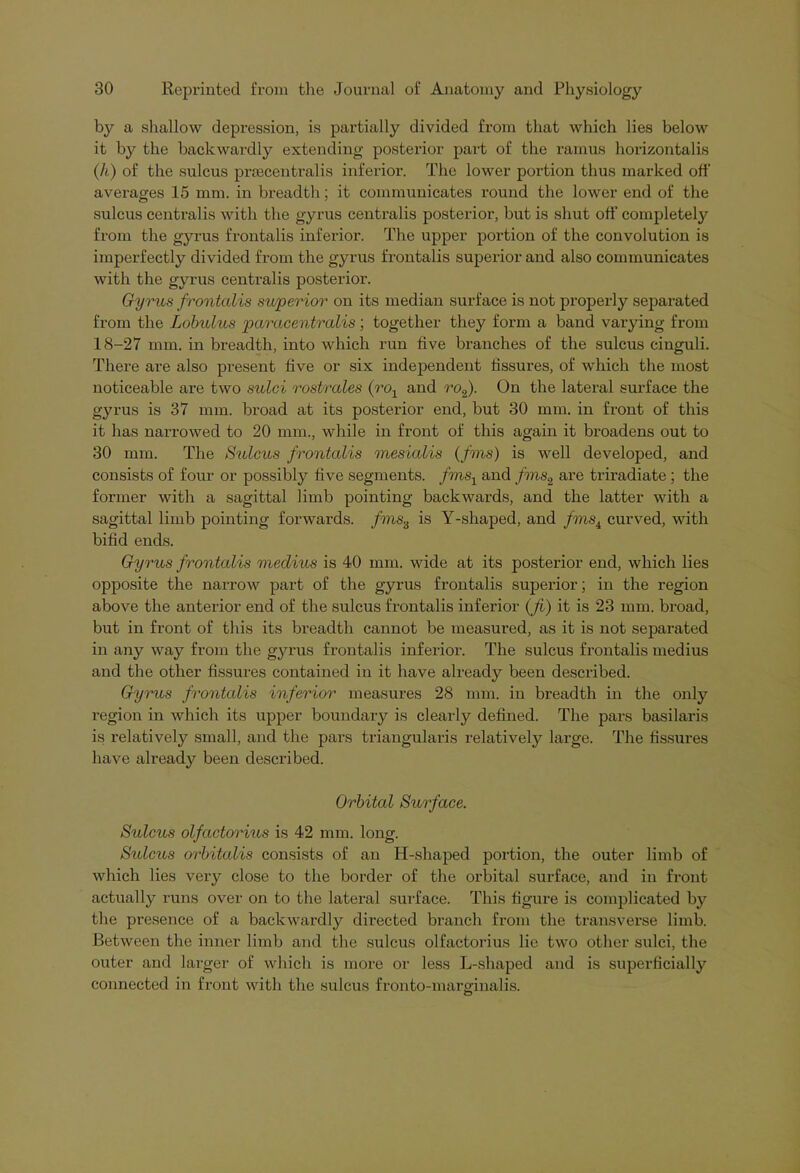 by a shallow depression, is partially divided from that which lies below it by the backwardly extending posterior part of the ramus horizontalis (li) of the sulcus prsecentralis inferior. The lower portion thus marked off averages 15 mm. in breadth; it communicates round the lower end of the sulcus centralis with the gyrus centralis posterior, but is shut off completely from the gyrus frontalis inferior. The upper portion of the convolution is imperfectly divided from the gyrus frontalis superior and also communicates with the gyrus centralis posterior. Gyrus frontalis superior on its median surface is not properly separated from the Lobulus paracentralis; together they form a band varying from 18-27 mm. in breadth, into which run five branches of the sulcus cinguli. There are also present five or six independent fissures, of which the most noticeable are two sulci rostrales (ro1 and rof). On the lateral surface the gyrus is 37 mm. broad at its posterior end, but 30 mm. in front of this it has narrowed to 20 mm., while in front of this again it broadens out to 30 mm. The Sulcus frontalis mesialis (fins) is well developed, and consists of four or possibly five segments. fms1 and fms2 are triradiate ; the former with a sagittal limb pointing backwards, and the latter with a sagittal limb pointing forwards. /ms3 is Y-shaped, and fmsi curved, with bifid ends. Gyrus frontalis meclius is 40 mm. wide at its posterior end, which lies opposite the narrow part of the gyrus frontalis superior; in the region above the anterior end of the sulcus frontalis inferior (ji) it is 23 mm. broad, but in front of this its breadth cannot be measured, as it is not separated in any way from the gyrus frontalis inferior. The sulcus frontalis medius and the other fissures contained in it have already been described. Gyrus frontalis inferior measures 28 mm. in breadth in the only region in which its upper boundary is clearly defined. The pars basilaris is relatively small, and the pars triangularis relatively large. The fissures have already been described. Orbital Surface. Sulcus olfactorius is 42 mm. long. Sulcus orbitalis consists of an H-shaped portion, the outer limb of which lies very close to the border of the orbital surface, and in front actually runs over on to the lateral surface. This figure is complicated by the presence of a backwardly directed branch from the transverse limb. Between the inner limb and the sulcus olfactorius lie two other sulci, the outer and larger of which is more or less L-shaped and is superficially connected in front with the sulcus fronto-marginalis.