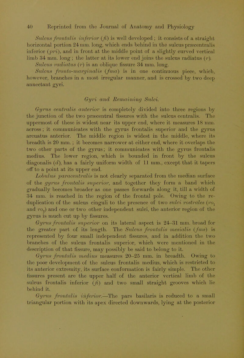 Sulcus frontalis inferior (fi) is well developed ; it consists of a straight horizontal portion 24 mm. long, which ends behind in the sulcus praecentralis inferior (p>ri), and in front at the middle point of a slightly curved vertical limb 34 mm. long; the latter at its lower end joins the sulcus radiatus (r). Sulcus radiatus (r) is an oblique fissure 34 mm. long. Sulcus fronto-marginalis (fma) is in one continuous piece, which, however, branches in a most irregular manner, and is crossed by two deep annectant gyri. Gyri and Remaining Sulci. Gyrus centralis anterior is completely divided into three regions by the junction of the two pnecentral fissures with the sulcus centralis. The uppermost of these is widest near its upper end, where it measures 18 mm. across; it communicates with the gyrus frontalis superior and the gyrus arcuatus anterior. The middle region is widest in the middle, where its breadth is 20 mm.; it becomes narrower at either end, where it overlaps the two other parts of the gyrus; it communicates with the gyrus frontalis medius. The lower region, which is bounded in front by the sulcus diagonalis (d), has a fairly uniform width of 11 mm., except that it tapers off to a point at its upper end. Lolndus paracentralis is not clearly separated from the median surface of the gyrus frontalis superior, and together they form a band which gradually becomes broader as one passes forwards along it, till a width of 34 mm. is reached in the region of the frontal pole. Owing to the re- duplication of the sulcus cinguli to the presence of two sulci rostrales (ro1 and ro2) and one or two other independent sulci, the anterior region of the gyrus is much cut up by fissures. Gyrus frontalis superior on its lateral aspect is 24-31 mm. broad for the greater part of its length. The Sulcus frontalis mesialis (fms) is represented by four small independent fissures, and in addition the two branches of the sulcus frontalis superior, which were mentioned in the description of that fissure, may possibly be said to belong to it. Gyrus frontalis medius measures 20-25 mm. in breadth. Owing to the poor development of the sulcus frontalis medius, which is restricted to its anterior extremity, its surface conformation is fairly simple. The other fissures present are the upper half of the anterior vertical limb of the sulcus frontalis inferior (fi) and two small straight grooves which lie behind it. Gyrus frontalis inferior.—The pars basilaris is reduced to a small triangular portion with its apex directed downwards, lying at the posterior