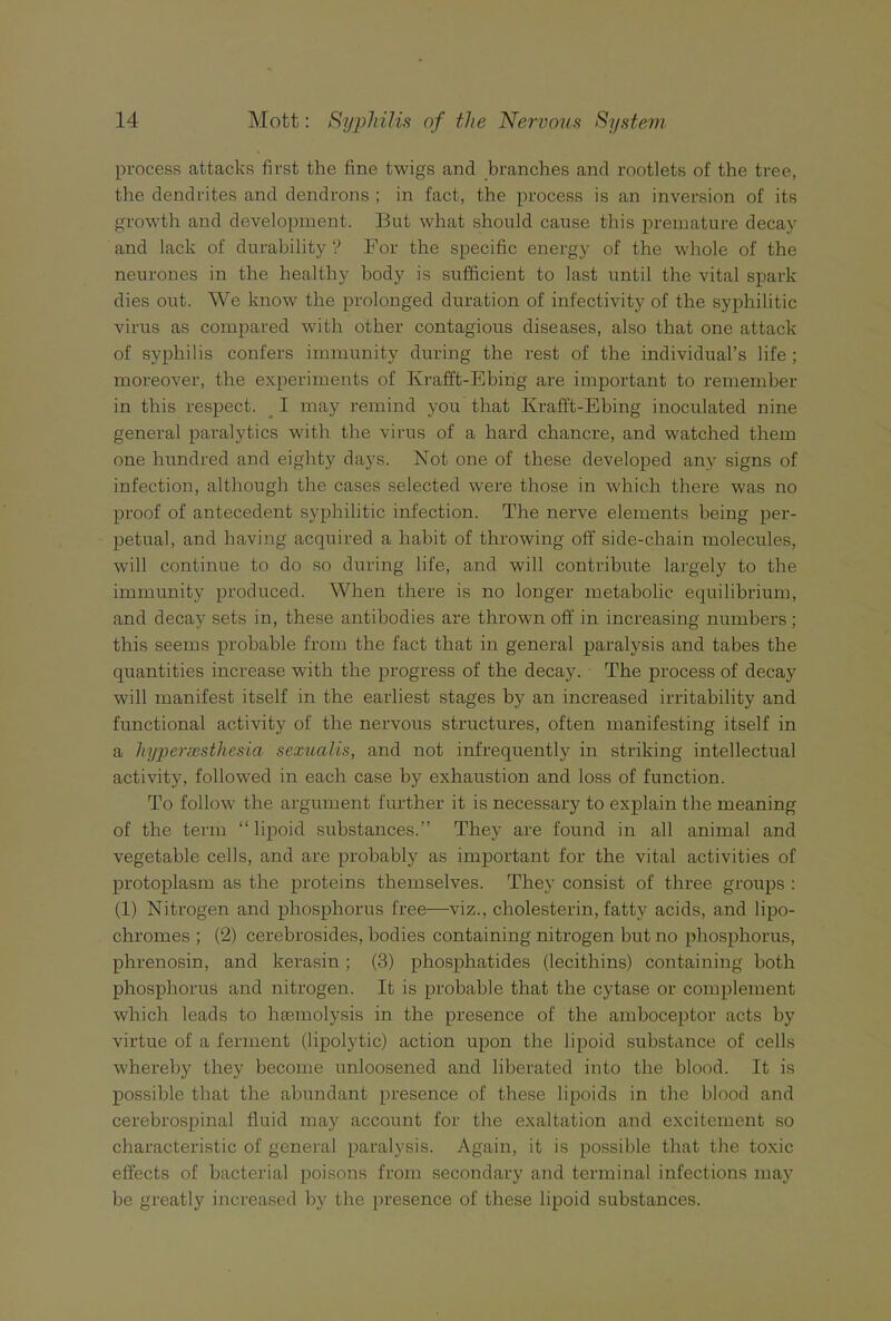 process attacks first the fine twigs and branches and rootlets of the tree, the dendrites and dendrons ; in fact, the process is an inversion of its growth and development. But what should cause this premature decay and lack of durability'? For the specific energy of the whole of the neurones in the healthy body is sufficient to last until the vital spark dies out. We know the prolonged duration of infectivity of the syphilitic virus as compared with other contagious diseases, also that one attack of syphilis confers immunity during the rest of the individual’s life ; moreover, the experiments of Krafft-Ebing are important to remember in this respect. ^ I may remind you that Krafft-Ebing inoculated nine general pai’alytics with the virus of a hard chancre, and watched them one hundred and eighty days. Not one of these developed any signs of infection, although the cases selected were those in which there was no proof of antecedent syphilitic infection. The nerve elements being per- petual, and having acquired a habit of throwing off side-chain molecules, will continue to do so during life, and will contribute largely to the immunity produced. When there is no longer metabolic equilibrium, and decay sets in, these antibodies are thrown off in increasing numbers; this seems probable from the fact that in general paralysis and tabes the quantities increase with the progress of the decay. The process of decay will manifest itself in the earliest stages by an increased irritability and functional activity of the nervous structures, often manifesting itself in a hyperaesthesia sexualis, and not infrequently in striking intellectual activity, followed in each case by exhaustion and loss of function. To follow the argument further it is necessary to explain the meaning of the term “ lipoid substances.” They are found in all animal and vegetable cells, and are probably as important for the vital activities of protoplasm as the proteins themselves. They consist of three groups : (1) Nitrogen and phosphorus free—viz., cholesterin, fatty acids, and lipo- chromes ; (2) cerebrosides, bodies containing nitrogen but no phosphorus, phrenosin, and kerasin; (3) phosphatides (lecithins) containing both phosphorus and nitrogen. It is probable that the cytase or complement which leads to haemolysis in the presence of the amboceptor acts by virtue of a ferment (lipolytic) action upon the lipoid substance of cells whereby they become unloosened and liberated into the blood. It is possible that the abundant presence of these lipoids in the blood and cerebrospinal fluid may account for the exalt.ation and excitement so characteristic of general paralysis. Again, it is possible that the toxic effects of bacterial poisons from secondary and terminal infections may be greatly increased by the presence of these lipoid substances.