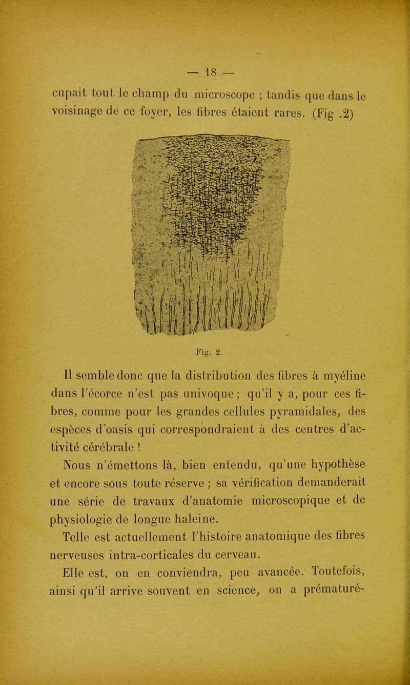 cupait tout le champ du microscope ; tandis que dans le voisinage de ce foyer, les fibres étaient rares. (Fig .2) Fig. 2. 11 semble donc que la distribution des fibres à myéline dans l'écorce n’est pas univoque; qu’il y a, pour ces fi- bres, comme pour les grandes cellules pyramidales, des espèces d’oasis qui correspondraient à des centres d’ac- tivité cérébrale ! Nous n’émettons là, bien entendu, qu’une hypothèse et encore sous toute réserve ; sa vérification demanderait une série de travaux d’anatomie microscopique et de physiologie de longue haleine. Telle est actuellement l’histoire anatomique des fibres nerveuses intra-corticales du cerveau. Elle est, on en conviendra, peu avancée. Toutefois, ainsi qu’il arrive souvent en science, on a prématuré-