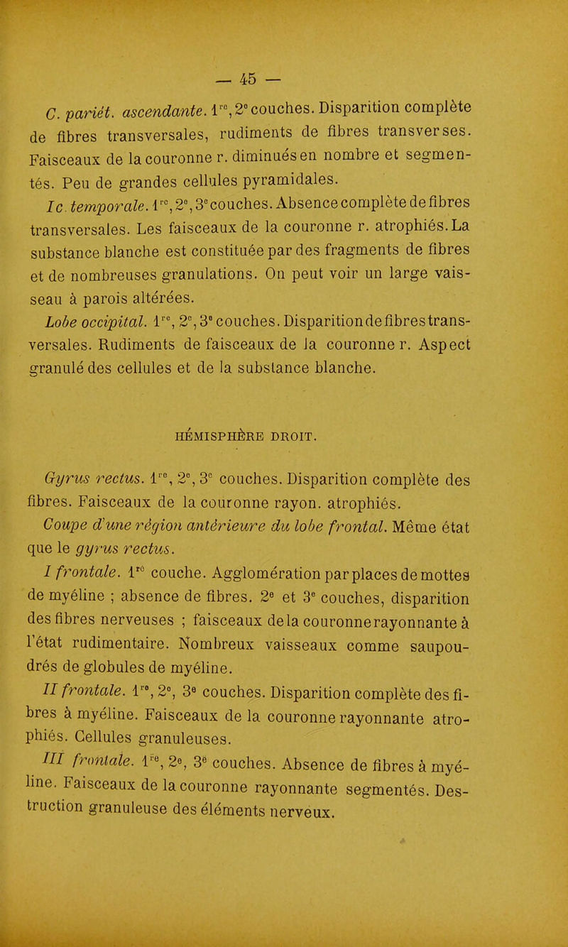 G. parût, ascendante. lre, 2° couches. Disparition complète de fibres transversales, rudiments de fibres transverses. Faisceaux de la couronne r. diminues en nombre et segmen- tés. Peu de grandes cellules pyramidales. Ic. temporale. lrc, 2°, 3°couches. Absence complète de fibres transversales. Les faisceaux de la couronne r. atrophiés. La substance blanche est constituée par des fragments de fibres et de nombreuses granulations. On peut voir un large vais- seau à parois altérées. Lobe occipital. lre, 2e,3° couches. Disparitiondefibrestrans- versales. Rudiments de faisceaux de la couronner. Aspect granulé des cellules et de la substance blanche. HÉMISPHÈRE DROIT. Gyrus rectus. lr\ 2°, 3e couches. Disparition complète des fibres. Faisceaux de la couronne rayon, atrophiés. Coupe d'une région antérieure du lobe frontal. Même état que le gyrus rectus. I frontale. lrc couche. Agglomération par places de mottes de myéline ; absence de fibres. 2e et 3e couches, disparition des fibres nerveuses ; faisceaux delà couronnerayonnante à l’état rudimentaire. Nombreux vaisseaux comme saupou- drés de globules de myéline. II frontale. lr0,2°, 3e couches. Disparition complète des fi- bres à myéline. Faisceaux de la couronne rayonnante atro- phiés. Cellules granuleuses. III frontale. 1*>, 2e, 3e couches. Absence de fibres à myé- line. Faisceaux de la couronne rayonnante segmentés. Des- truction granuleuse des éléments nerveux.