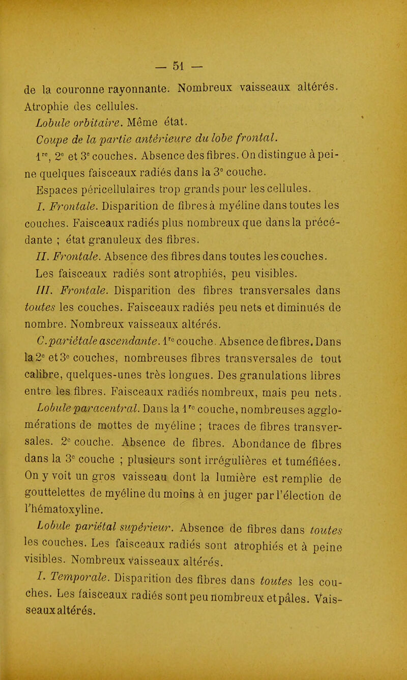 de la couronne rayonnante. Nombreux vaisseaux altérés. Atrophie des cellules. Lobule orbitaire. Même état. Coupe de la partie antérieure du lobe frontal. lrc, 2° et 3e couches. Absence des fibres. On distingue à pei- ne quelques faisceaux radiés dans la 3° couche. Espaces péricellulaires trop grands pour les cellules. I. Frontale. Disparition de fibres à myéline dans toutes les couches. Faisceaux radiés plus nombreux que dans la précé- dante ; état granuleux des fibres. II. Frontale. Absence des fibres dans toutes les couches. Les faisceaux radiés sont atrophiés, peu visibles. III. Frontale. Disparition des fibres transversales dans toutes les couches. Faisceaux radiés peu nets et diminués de nombre. Nombreux vaisseaux altérés. C.pariétale ascendante. lr° couche. Absence défibrés. Dans la 2° et 3e couches, nombreuses fibres transversales de tout calibre, quelques-unes très longues. Des granulations libres entre les fibres. Faisceaux radiés nombreux, mais peu nets. Lobule paracentral. Dans la lr° couche, nombreuses agglo- mérations de mottes de myéline ; traces de fibres transver- sales. 2e couche. Absence de fibres. Abondance de fibres dans la 3e couche ; plusieurs sont irrégulières et tuméfiées. On y voit un gros vaisseau dont la lumière est remplie de gouttelettes de myéline du moins à en juger par l’élection de rhématoxyline. Lobule pariétal supérieur. Absence de fibres dans toutes les couches. Les faisceaux radiés sont atrophiés et à peine visibles. Nombreux vaisseaux altérés. I. Temporale. Disparition des fibres dans toutes les cou- ches. Les faisceaux radiés sont peu ilombreux et pâles. Vais- seaux altérés.