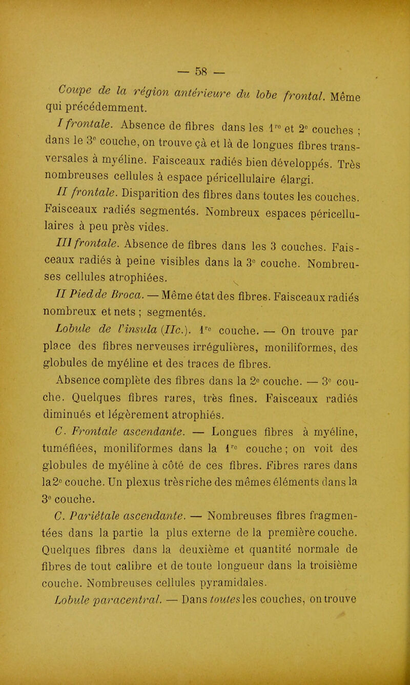 Coupe de la région antérieure du lobe frontal. Même qui précédemment. I frontale. Absence de fibres dans les l™ et 2° couches ; dans le 3n couche, on trouve çà et là de longues fibres trans- versales à myéline. Faisceaux radiés bien développés. Très nombreuses cellules a espace pericellulaire élargi. II frontale. Disparition des fibres dans toutes les couches. Faisceaux îadiés segmentés. Nombreux espaces péricellu- laires à peu près vides. III frontale. Absence de fibres dans les 3 couches. Fais- ceaux radiés à peine visibles dans la 3e couche. Nombreu- ses cellules atrophiées. II Pied de Broca. — Même état des fibres. Faisceaux radiés nombreux et nets; segmentés. Lobule de Vinsula (Ile.). lr° couche. — On trouve par place des fibres nerveuses irrégulières, moniliformes, des globules de myéline et des traces de fibres. Absence complète des fibres dans la 2e couche. — 3° cou- che. Quelques fibres rares, très fines. Faisceaux radiés diminués et légèrement atrophiés. C. Frontale ascendante. — Longues fibres à myéline, tuméfiées, moniliformes dans la lrc couche; on voit des globules de myéline à côté de ces fibres. Fibres rares dans la2° couche. Un plexus très riche des mêmes éléments dans la 3° couche. C. Pariétale ascendante. — Nombreuses fibres fragmen- tées dans la partie la plus externe delà première couche. Quelques fibres dans la deuxième et quantité normale de fibres de tout calibre et de toute longueur dans la troisième couche. Nombreuses cellules pyramidales. Lobule paracentral. — Dans toutes les couches, on trouve