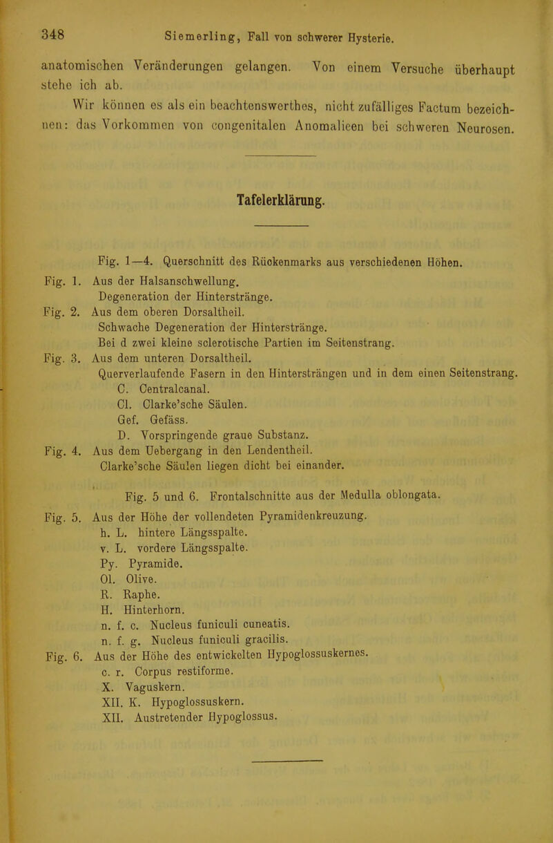 anatomischen Veränderungen gelangen. Von einem Versuche überhaupt stehe ich ab. Wir können es als ein beachtenswerthes, nicht zufälliges Factum bezeich- nen: das Vorkommen von congenitalen Anomalieen bei schweren Neurosen. Tafelerklärung. Fig. 1—4. Querschnitt des Rüokenmarks aus verschiedenen Höhen. Fig. 1. Aus der Halsanschwellung. Degeneration der Hinterstränge. Fig. 2. Aus dem oberen Dorsaltheil. Schwache Degeneration der Hinterstränge. Bei d zwei kleine sclerotische Partien im Seitenstrang. Fig. 3. Aus dem unteren Dorsaltheil. Querverlaufende Fasern in den Hintersträngen und in dem einen Seitenstrang. C. Centralcanal. Cl. Clarke'sche Säulen. Gef. Gefäss. D. Vorspringende graue Substanz. Fig. 4. Aus dem Uebergang in den Lendentheil. Clarke'sche Säulen liegen dicht bei einander. Fig. 5 und 6. Frontalschnitte aus der Medulla oblongata. Fig. 5. Aus der Höhe der vollendeten Pyramidenkreuzung, h. L. hintere Längsspalte, v. L. vordere Längsspalte. Py. Pyramide. OL Olive. R. Raphe. H. Hinterhorn. n. f. c. Nucleus funiculi cuneatis. n. f. g. Nucleus funiculi gracilis. Fig. 6. Aus der Höhe des entwickelten Hypoglossuskernes. c. r. Corpus restiforme. X. Vaguskern. XII. K. Hypoglossuskern. XII. Austretender Hypoglossus.