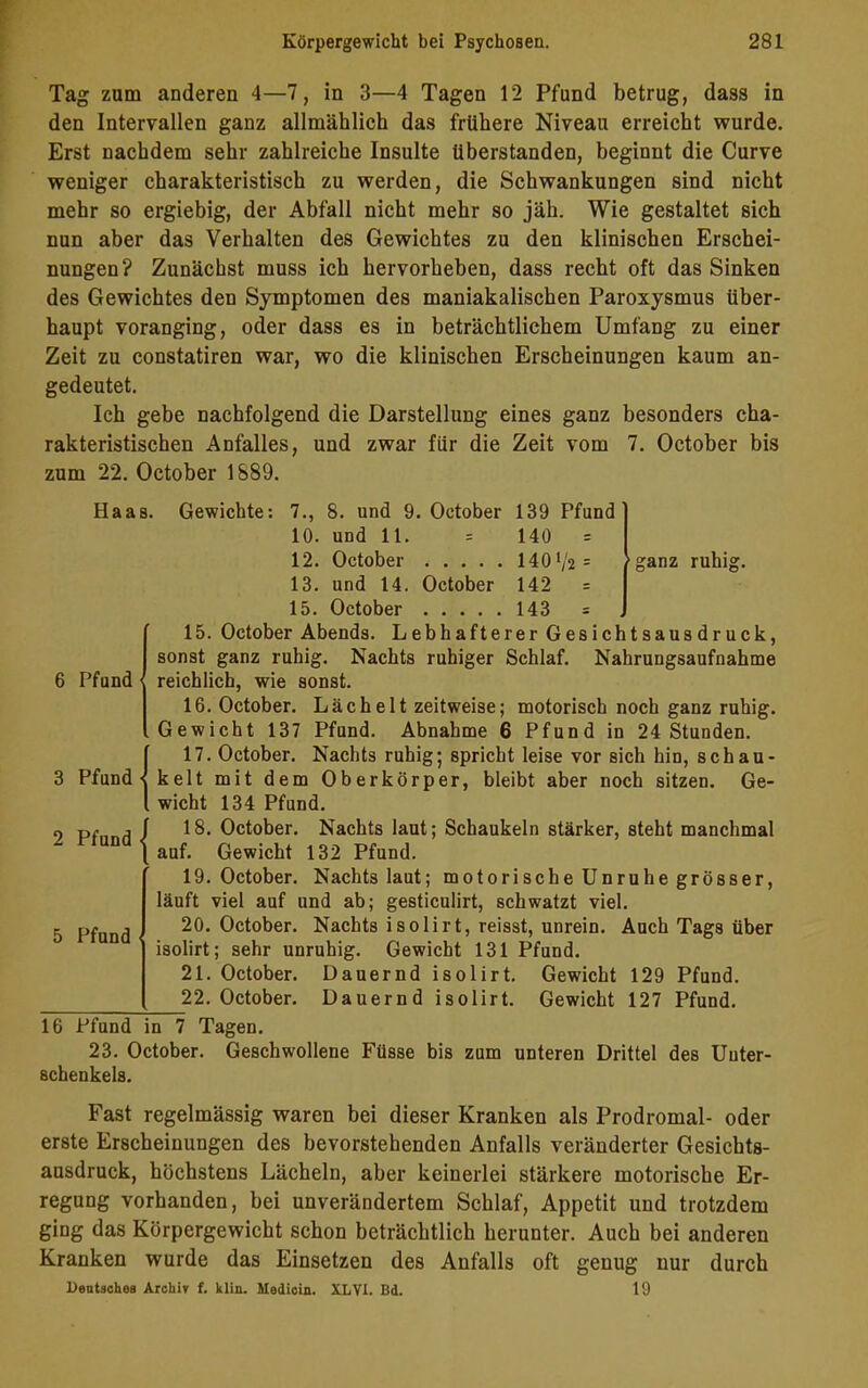 Tag zum anderen 4—7, in 3—4 Tagen 12 Pfund betrug, dass in den Intervallen ganz allmählich das frühere Niveau erreicht wurde. Erst nachdem sehr zahlreiche Insulte überstanden, beginnt die Curve weniger charakteristisch zu werden, die Schwankungen sind nicht mehr so ergiebig, der Abfall nicht mehr so jäh. Wie gestaltet sich nun aber das Verhalten des Gewichtes zu den klinischen Erschei- nungen? Zunächst muss ich hervorheben, dass recht oft das Sinken des Gewichtes den Symptomen des maniakalischen Paroxysmus über- haupt voranging, oder dass es in beträchtlichem Umfang zu einer Zeit zu constatiren war, wo die klinischen Erscheinungen kaum an- gedeutet. Ich gebe nachfolgend die Darstellung eines ganz besonders cha- rakteristischen Anfalles, und zwar für die Zeit vom 7. October bis zum 22. October 1889. 6 Pfund 3 Pfund 2 Pfund 5 Pfund HaaB. Gewichte: 7., 8. und 9. October 139 Pfund 10. und 11. = 140 = 12. October 140'/2= 'ganz ruhig 13. und 14. October 142 = 15. October 143 = J 15. October Abends. Lebhafterer Gesichtsausdruck, sonst ganz ruhig. Nachts ruhiger Schlaf. Nahrungsaufnahme reichlich, wie sonst. 16. October. Lächelt zeitweise; motorisch noch ganz ruhig. Gewicht 137 Pfund. Abnahme 6 Pfund in 24 Stunden. {17. October. Nachts ruhig; spricht leise vor sich hin, schau- kelt mit dem Oberkörper, bleibt aber noch sitzen. Ge- wicht 134 Pfund. 18. October. Nachts laut; Schaukeln stärker, steht manchmal auf. Gewicht 132 Pfund. 19. October. Nachts laut; motorische Unruhe grösser, läuft viel auf und ab; gesticulirt, schwatzt viel. 20. October. Nachts isolirt, reisst, unrein. Auch Tags über isolirt; sehr unruhig. Gewicht 131 Pfund. 21. October. Dauernd isolirt. Gewicht 129 Pfund. 22. October. Dauernd isolirt. Gewicht 127 Pfund. Tagen. Geschwollene Füsse bis zum unteren Drittel des Uuter- 16 Pfund in 7 23. October. Schenkels. Fast regelmässig waren bei dieser Kranken als Prodromal- oder erste Erscheinungen des bevorstehenden Anfalls veränderter Gesichts- ausdruck, höchstens Lächeln, aber keinerlei stärkere motorische Er- regung vorhanden, bei unverändertem Schlaf, Appetit und trotzdem ging das Körpergewicht schon beträchtlich herunter. Auch bei anderen Kranken wurde das Einsetzen des Anfalls oft genug nur durch Deutsches Archiv f. klm. Medicin. XXVI. Bd. 19