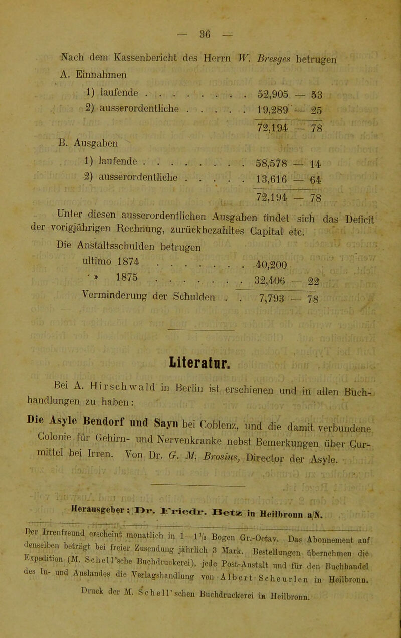 Nach dein Kassenbericht des Herrn JF. Bresges betrugen A. Einnahmen 1) laufende 52,905 — 53 2) ausserordentliche 19,289’— 25 ^2,194 — 78 B. Ausgaben 1) laufende 58,578 — 14 2) ausserordentliche ..... 13,616 — 64 72,194 — 78 Unter diesen ausserordentlichen Ausgaben findet sich das Deficit der vorigjährigen Rechnung, zurückbezahltes Capital etc. Die Anstaltsschulden betrugen • ultimo 1874 40,200 • ' ' ' ' * ....... 32,406 — 22 Verminderung der Schulden . . 7,793 78 • Literatur. Bei A. Hirsch Wald in Berlin ist erschienen und in allen Buch-, handlungen zu haben: Die Asyle Beudorf «nd Sayil bei Coblenz, und die damit verbundene' Colonie für Gehirn- und Nervenkranke nebst Bemerkungen über Cur- mitlel bei Irren. Von Dr. G. M. Brosins, Director der- Asyle. V i'ill 7K i,'. f r Her.»8eebw:;r>r. ITi-iedr. Bete io Heilbroon ajH. Der mufreood er,ohelot raonetlich in 1-1«;. Bogen Gr.-Oetov. Dne Abonnement anf e»b. ben betagt bei freier knMndung jährlich 3 Mark. Bestellungen bbornehmen die rpriition (M. SohelPaibe Buchdruckerei), jede Post-Anet.It und nir den Buchliwidel es In- und Auslandes die Verlagsh.ndlung von Albert Scheurlen in Heilbrono. Druck der M. Schell’sehen Buchdruckerei in Heilbronn.