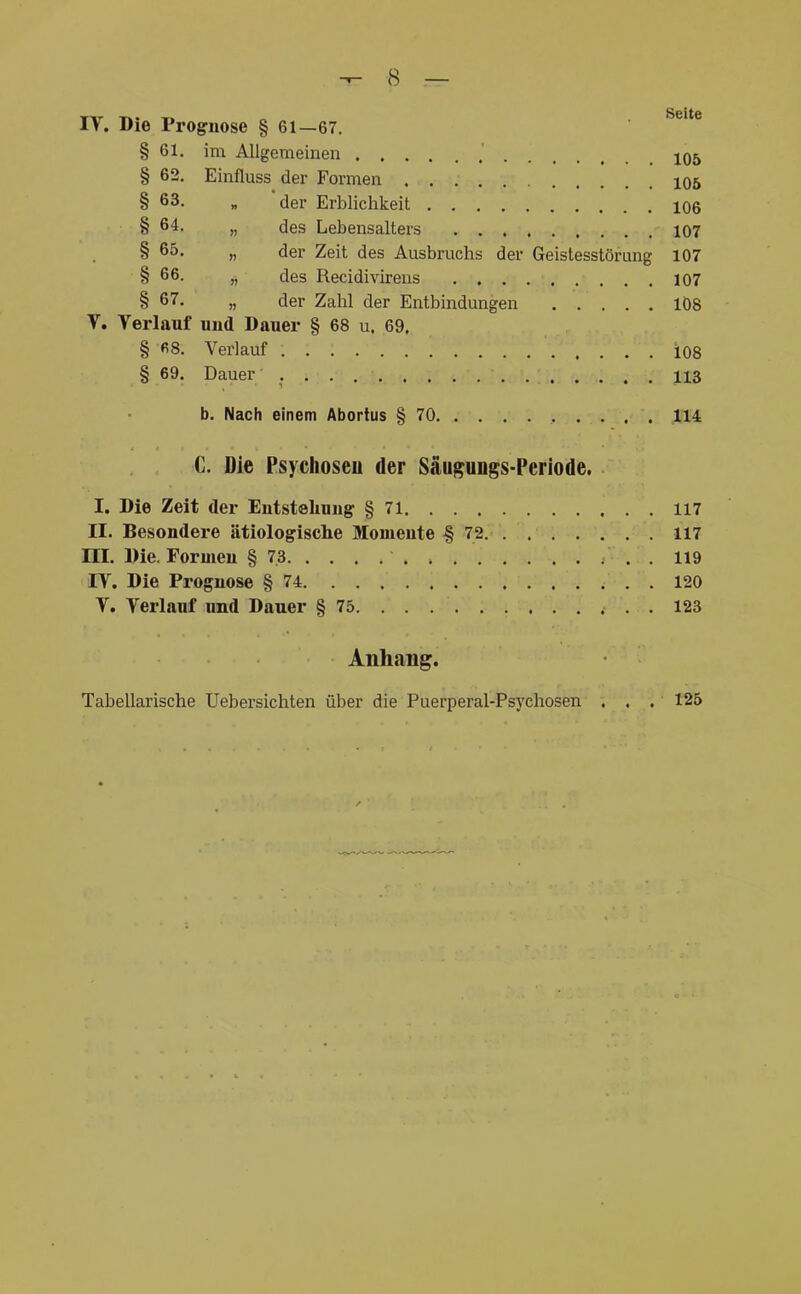 IT. Die Prognose § 61—67. ^^^ § 61. im Allgemeinen .' 105 § 62. Einfluss der Formen 105 § 63. „ der Erblichkeit 106 § 64. „ des Lebensalters 107 § 65. „ der Zeit des Ausbruchs der Geistesstörung 107 § 66. „ des Recidivirens 107 § 67, „ der Zahl der Entbindungen 1Ö8 V. Verlauf und Dauer § 68 u. 69. § fiS. Verlauf 108 § 69. Dauer 113 b. Nach einem Abortus § 70 114 C. Die Psychosen der Säugungs-Pcriode. I. Die Zeit der Entstellung § 71 117 II. Besondere ätiologische Moniente § 72. 117 III. Die. Formen § 73 . 119 IV. Die Prognose § 74 120 V. Verlauf und Dauer § 75 123 Anhang. Tabellarische Uebersichten über die Puerperal-Psychosen ... 125