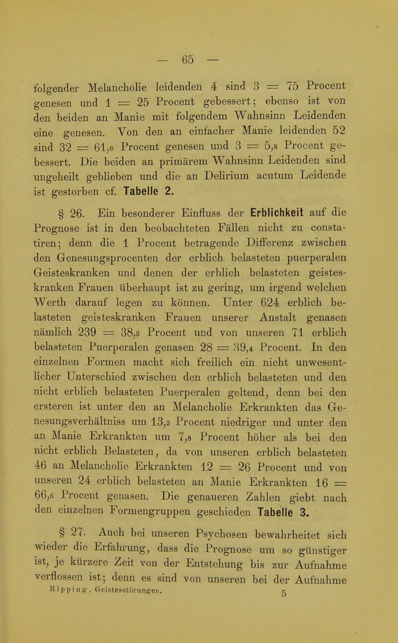 folgender Melancholie leidenden 4 sind 3 = 75 Procent genesen und 1 = 25 Procerit gebessert; ebenso ist von den beiden an Manie mit folgendem Wahnsinn Leidenden eine genesen. Von den an einfacher Manie leidenden 52 sind 32 = 61,6 Procent genesen und 3 = 5,8 Procent ge- bessert. Die beiden an primärem Wahnsinn Leidenden sind ungeheilt gebHeben und die an Delirium acutum Leidende ist gestorben cf. Tabelle 2. § 26. Ein besonderer Einfluss der Erblichkeit auf die Prognose ist in den beobachteten Fällen nicht zu consta- tiren; denn die 1 Procent betragende Differenz zwischen den Genesungsprocenten der erblich belasteten puerperalen Geisteskranken und denen der erblich belasteten geistes- kranken Frauen überhaupt ist zu gering, um irgend welchen Werth darauf legen zu können. Unter 624 erblich be- lasteten geisteskranken Frauen unserer Anstalt genasen nämlich 239 = 38,3 Procent und von unseren 71 erblich belasteten Puerperalen genasen 28 = 39,4 Procent. In den einzelnen Formen macht sich freilich ein nicht unwesent- licher Unterschied zwischen den erblich belasteten und den nicht erblich belasteten Puerperalen geltend, denn bei den ersteren ist unter den an Melanchohe Erkrankten das Ge- nesungsverhältniss um 13,3 Procent niedriger und unter den an Manie Erkrankten um 7,8 Procent höher als bei den nicht erblich Belasteten, da von unseren erbHch belasteten 46 an Melancholie Erkrankten 12 = 26 Procent und von unseren 24 erblich belasteten an Manie Erkrankten 16 = 66,6 Procent genasen. Die genaueren Zahlen giebt nach den einzelnen Formengruppen geschieden Tabelle 3. § 27. Auch bei unseren Psychosen bewahrheitet sich wieder die Erfahrung, dass die Prognose um so günstiger ist, je kürzere Zeit von der Entstehung bis zur Aufnahme verflossen ist; denn es sind von unseren bei der Aufnahme Ripping:, Oeistesstörungen. k