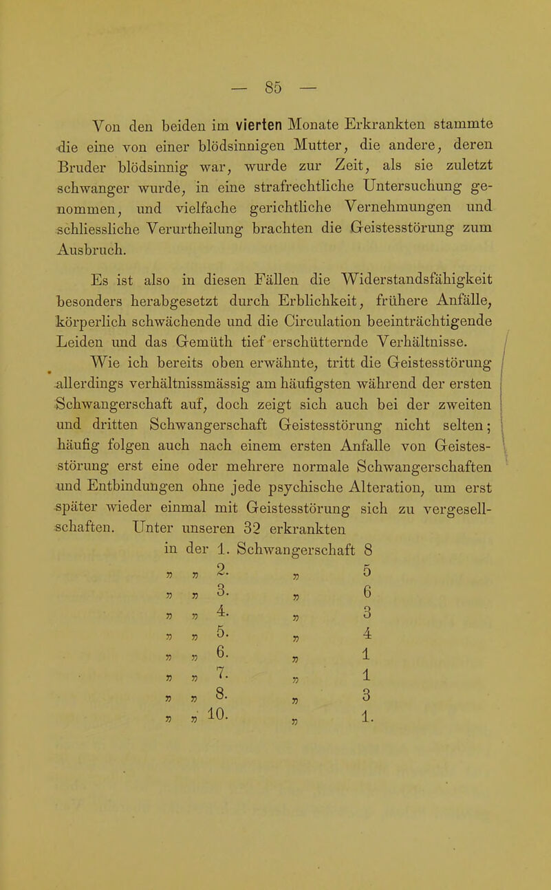 Von den beiden im vierten Monate Erkrankten stammte •die eine von einer blödsinnigen Mutter, die andere, deren Bruder blödsinnig war, wurde zur Zeit, als sie zuletzt schwanger wurde, in eine strafrechtliche Untersuchung ge- nommen, und vielfache gerichtliche Vernehmungen und schliessliche Verurtheilung brachten die Geistesstörung zum Ausbruch. Es ist also in diesen Fällen die Widerstandsfähigkeit besonders herabgesetzt durch Erblichkeit, frühere Anfälle, körperlich schwächende und die Circulation beeinträchtigende Leiden und das Gemüth tief erschütternde Verhältnisse. Wie ich bereits oben erwähnte, tritt die Geistesstörung allerdings verhältnissmässig am häufigsten während der ersten Schwangerschaft auf, doch zeigt sich auch bei der zweiten und dritten Schwangerschaft Geistesstörung nicht selten; häufig folgen auch nach einem ersten Anfalle von Geistes- störung erst eine oder mehrere normale Schwangerschaften und Entbindungen ohne jede psychische Alteration, um erst später wieder einmal mit Geistesstörung sich zu vergesell- schaften. Unter unseren 32 erkrankten in der 1. Schwangerschaft 8 V 2. » 5 » 7) 3. 35 6 V n 4. 7) 3 7) T) 5. 7) 4 » f) 6. 7) 1 7) 7. 7) 1 V 8. 7) 3 n n 10. 7) 1.