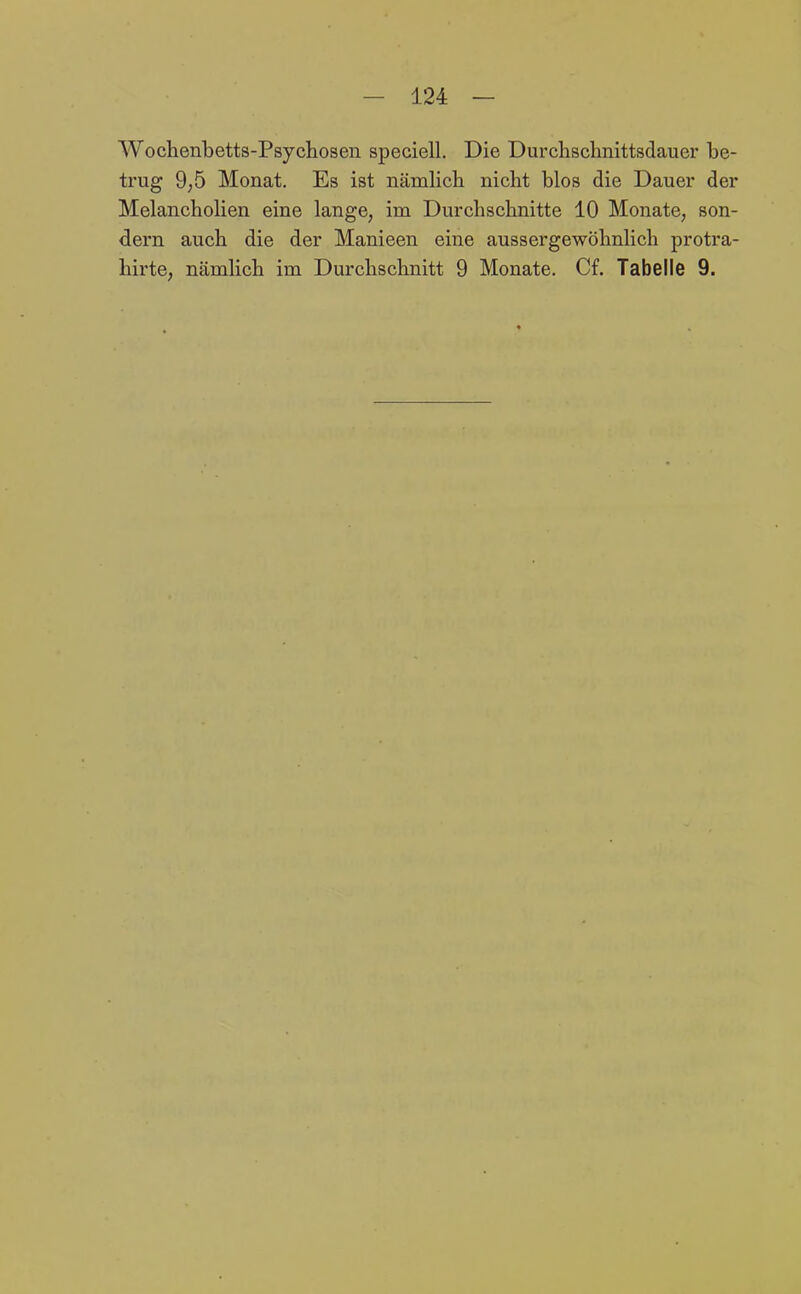 Wochenbetts-Psychosen speciell. Die Durchschnittsdauer be- trug 9;5 Monat. Es ist nämhch nicht blos die Dauer der Melanchohen eine lange, im Durchschnitte 10 Monate, son- dern auch die der Manieen eine aussergewöhnhch protra- hirte, nämhch im Durchschnitt 9 Monate. Cf. Tabelle 9.