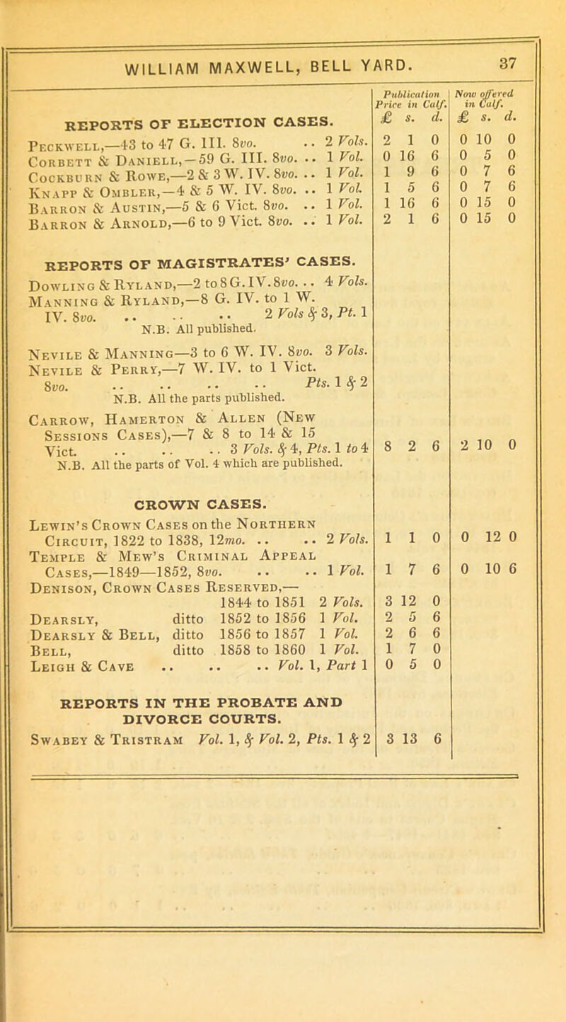 REPORTS OF ELECTION CASES. Publication : Price in Calf. £ s. d. Peckwell,—43 to 47 G. III. 8vo. Corbett & Daniell, —59 G. III. 8t;o. Cockburn & Rowe,—2&3W. IV. 8vo. Knapp & Ombler,—4 & 5 W. IV. 8vo. Barron & Austin,—5 & 6 Viet. 8wo. Barron & Arnold,—6 to 9 Viet. 8vo. 2 Fols. 1 Vol. 1 Vol. 1 Vol 1 Vol. 1 Vol. 2 1 0 16 1 9 1 5 1 16 2 1 0 6 6 6 6 6 REPORTS OF MAGISTRATES’ CASES. Dowling & Ryland,—2 to 8 G. IV. 8vo... 4 Vols. Manning & Ryland,—8 G. IV. to 1 W. IV. 8vo 2 Vols # 3> pt-1 N.B. All published. Nevile & Manning—3 to 6 W. IV. 8vo. 3 Vols. Nevile & Perry,—7 W. IV. to 1 Viet. 8 vo. ■ ■ • ■ ■ • ■ ■ p*s- 1 ^ 2 N.B. All the parts published. Carrow, Hamerton & Allen (New Sessions Cases),—7 Sc 8 to 14 & 15 Yict. .. . • .. 3 Vols. 4 4, Pts. 1 to 4 N.B. All the parts of Vol. 4 which are published. CROWN CASES. Lewin’s Crown Cases on the Northern Circuit, 1822 to 1838, 12rao. .. ..2 Vols. Temple & Mew’s Criminal Appeal Cases,—1849—1852, 8po 1 Vol. Denison, Crown Cases Reserved,— 1844 to 1851 2 Vols. Dearsly, ditto 1852 to 1856 1 Vol. Dearsly & Bell, ditto 1856 to 1857 1 Vol. Bell, ditto 1858 to 1860 1 Vol. Leigh 8c Cave .. .. .. Vol. 1, Part 1 REPORTS IN THE PROBATE AND DIVORCE COURTS. Swabey 8c Tristram Vol. 1, 8f Vol. 2, Pts. 1^2 8 2 1 1 3 12 2 5 2 6 1 7 0 5 3 13 6 0 0 6 6 0 0 6 37 Now offered. in Calf \ £ s. d. 0 10 0 0 5 0 0 7 6 0 7 6 0 15 0 0 15 0 2 10 0 0 12 0