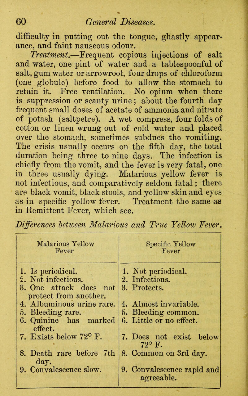 difficulty in putting out the tongue, ghastly appear- ance, and faint nauseous odour. Treatment.—Frequent copious injections of salt and water, one pint of water and a tablespoonful of salt, gum water or arrowroot, four drops of chloroform (one globule) before food to allow the stomach to retain it. Free ventilation. No opium when there is suppression or scanty urine ; about the fourth day frequent small doses of acetate of ammonia and nitrate of potash (saltpetre). A wet compress, four folds of cotton or linen wrung out of cold water and placed over the stomach, sometimes subdues the vomiting. The crisis usually occurs on the fifth day, the total duration being three to nine days. The infection is chiefly from the vomit, and the fever is very fatal, one in three usually dying. Malarious yellow fever is not infectious, and comparatively seldom fatal; there are black vomit, black stools, and yellow skin and eyes as in specific yellow fever. Treatment the same as in Eemittent Fever, which see. Differences between Malarious and True Yellow Fever., Malarious Yellow Fever Specific Yellow Fever 1. Is periodical. 2. Not infectious. 3. One attack does not protect from another. 4. Albuminous urine rare. 5. Bleeding rare. 6. Quinine has marked cfFcct* 7. Exists below 72° F. 8. Death rare before 7th day. 9. Convalescence slow. 1. Not periodical. 2. Infectious. 3. Protects. 4. Almost invariable. 5. Bleeding common. 6. Little or no effect. 7. Does not exist below 72° F. 8. Common on 3rd day. 9. Convalescence rapid and agreeable.